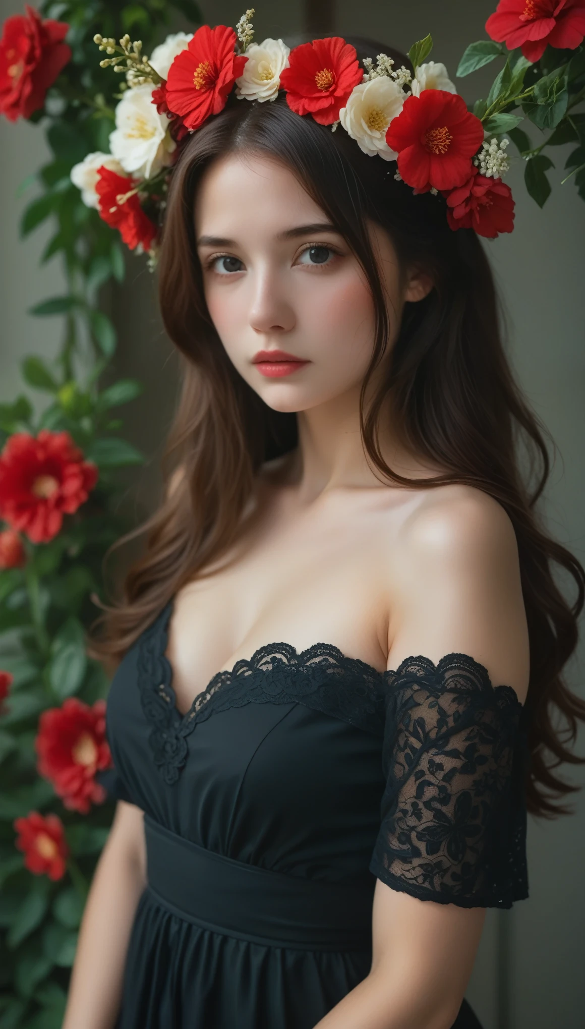 Beautiful woman、flower arrangement、Wabi-sabi art、Very detailed_face_eye、Very detailedface、Black Dress、white、gray、red、parchment、Abstract Floral Arrangement、Three big flowers、Dreamy Art、silence、wallpaper、Please redeem、masterpiece、High resolution、８ｋ