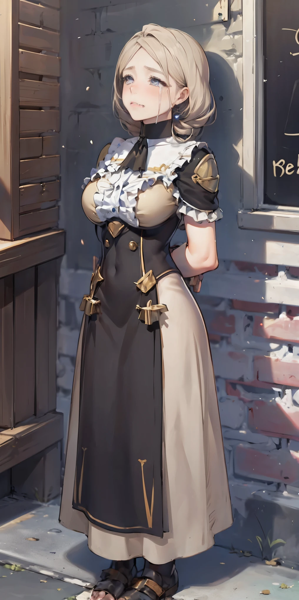 (masterpiece, best quality), intricate details, 1girl, Mercedes von Martritz from Fire Emblem (standing full body toe to head by wooden pole:1.2) iron collar, arms behind back, iron cuffs, shackles, bound, bondage outfit, harness, o-ring, bondage outfit blindfolded cover eyes, happy red cheeks, chain leash collar choker neck bell shackles wristbands bracers bracelets, cleave gag, sad face, red cheeks, cryings tears, painful (she was sold and betrayed by her own family)