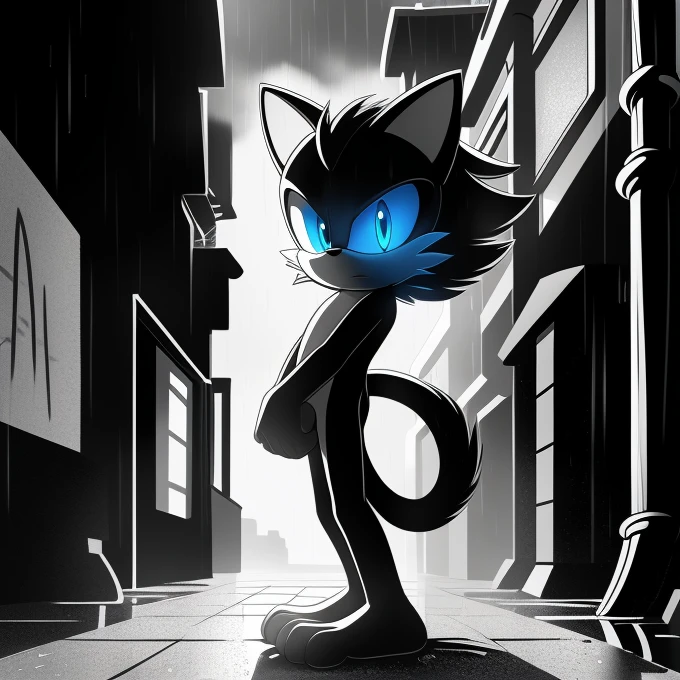 ((Masterpiece), high quality, detailed, greyscale, high contrast, backlighting), cat, mobian, facial markings, serious face, spot color, glowing blue eyes, naked , barefoot, 3 toes, cat tail, alleyway, wind, raining, dutch angle three-quarter portrait, background character, silhouette, detailed background
