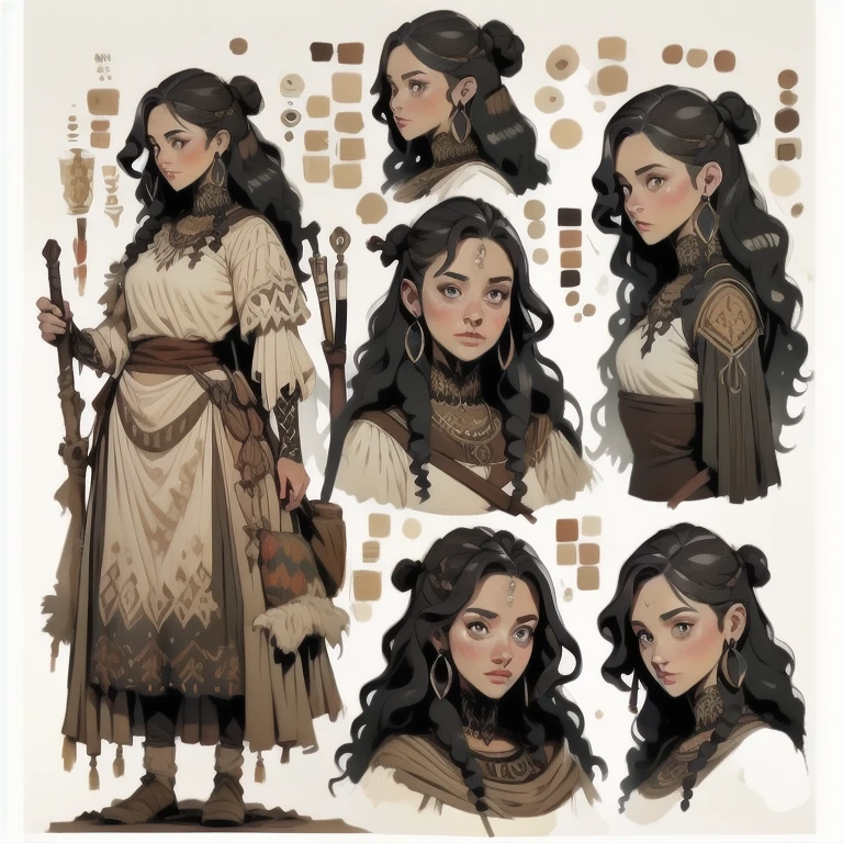 A white woman, full body, waterpaint style, character sheet, medieval, long hair, neutral pose