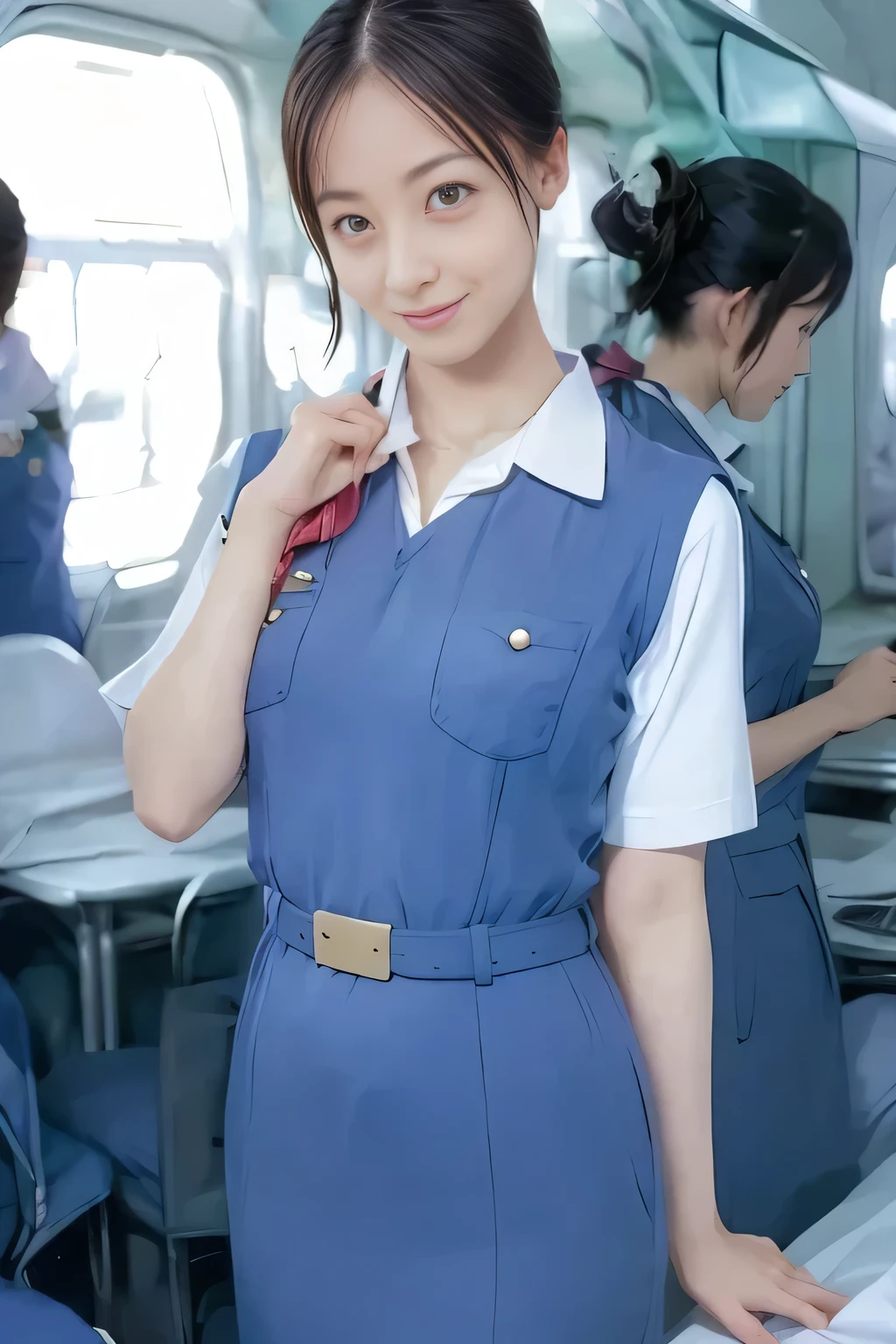 (masterpiece:1.2, Best Quality:1.2), 32K HDR, High resolution, (Alone、1 girl)、（On the roof of a building during the day、Professional Lighting）、Building rooftop background、（Real style wearing Japan air system cabincrew uniform blue）、（（Japan Air System cabincrew uniform blue jumper skirt with pockets on both sides、Japan air system cabincrew uniform blue jumper skirt with buttons on the pocket、White short sleeve blouse 、 Light blue vest around waist、Scarf around the neck））、Dark brown hair、（Long Hair、Hair tied up、Hair tied up）、Dark brown hair、Long Shot、Big Breasts、Thin legs、（（Great hands：2.0）），（（Harmonious body proportions：1.5）），（（Normal limbs：2.0）），（（Normal finger：2.0）），（（Delicate eyes：2.0）），（（Normal eyes：2.0））)、smile、（Japan air system cabincrew uniform blueを見せた美しい立ち姿）、Hands clasped underneath
