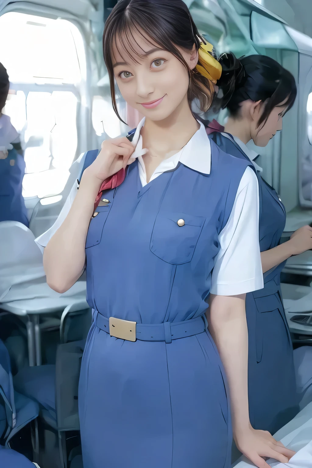 (masterpiece:1.2, Best Quality:1.2), 32K HDR, High resolution, (Alone、1 girl)、（On the roof of a building during the day、Professional Lighting）、Building rooftop background、（Real style wearing Japan air system cabincrew uniform blue）、（（Japan Air System cabincrew uniform blue jumper skirt with pockets on both sides、Japan air system cabincrew uniform blue jumper skirt with buttons on the pocket、White short sleeve blouse 、 Light blue vest around waist、Scarf around the neck））、Dark brown hair、（Long Hair、Hair tied up、Hair tied up）、Dark brown hair、Long Shot、Big Breasts、Thin legs、（（Great hands：2.0）），（（Harmonious body proportions：1.5）），（（Normal limbs：2.0）），（（Normal finger：2.0）），（（Delicate eyes：2.0）），（（Normal eyes：2.0））)、smile、（Japan air system cabincrew uniform blueを見せた美しい立ち姿）、Hands clasped underneath
