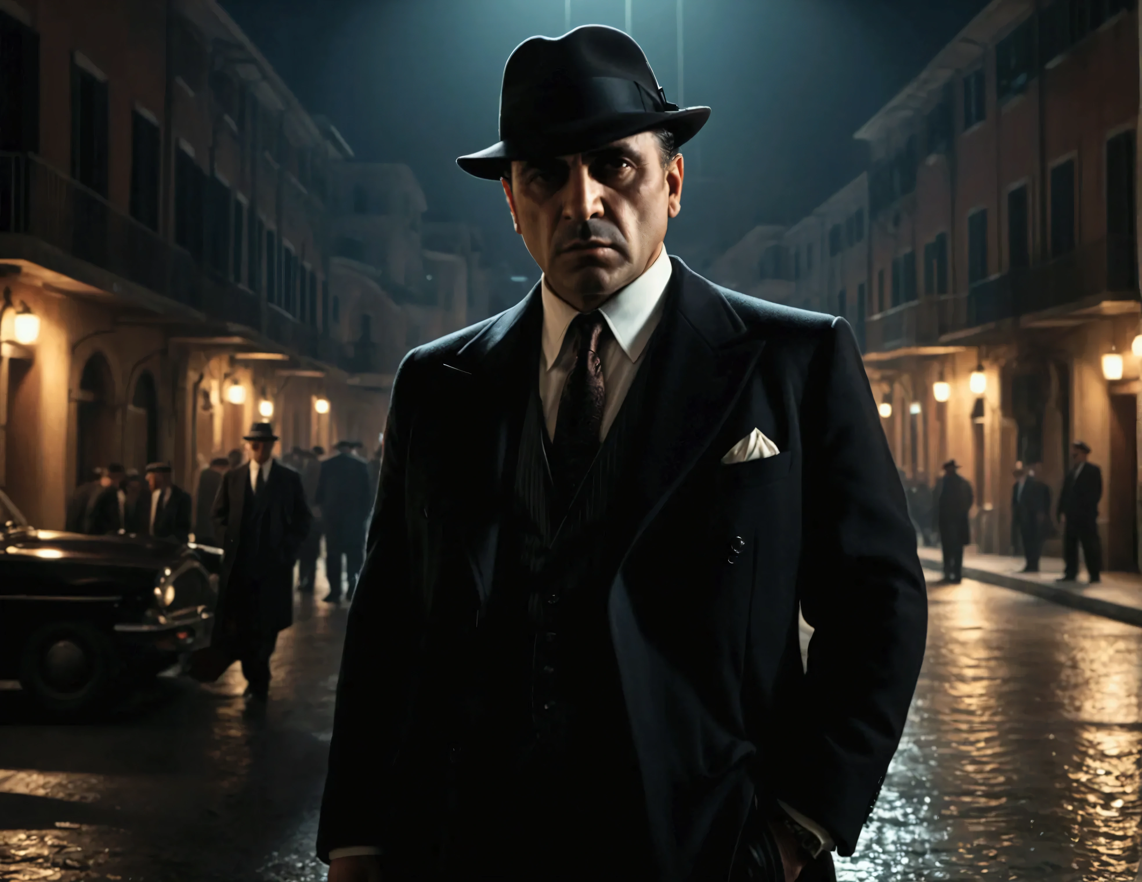 a mafia Boss standing imposingly in a night port, backlit, (best quality,4K,8k,highres,masterpiece:1.2),ultra-detailed,(realistic,photorealistic,photo-realistic:1.37),dramatic lighting,dramatic pose,Chiaroscuro,cinematic,moody,dark,mysterious,ominous,high contrast,dramatic shadows,strong backlighting,Italian Mafia,mafia,mobster,Boss,powerful,authoritative,stern expression,serious expression,suit,expensive suit,luxury,Elegant,wealthy,intimidating,tense,suspenseful,good looking,Beautiful light and shadow,Italian Fashion,A photo like a scene from a movie,Professional Lighting,Vintage elements