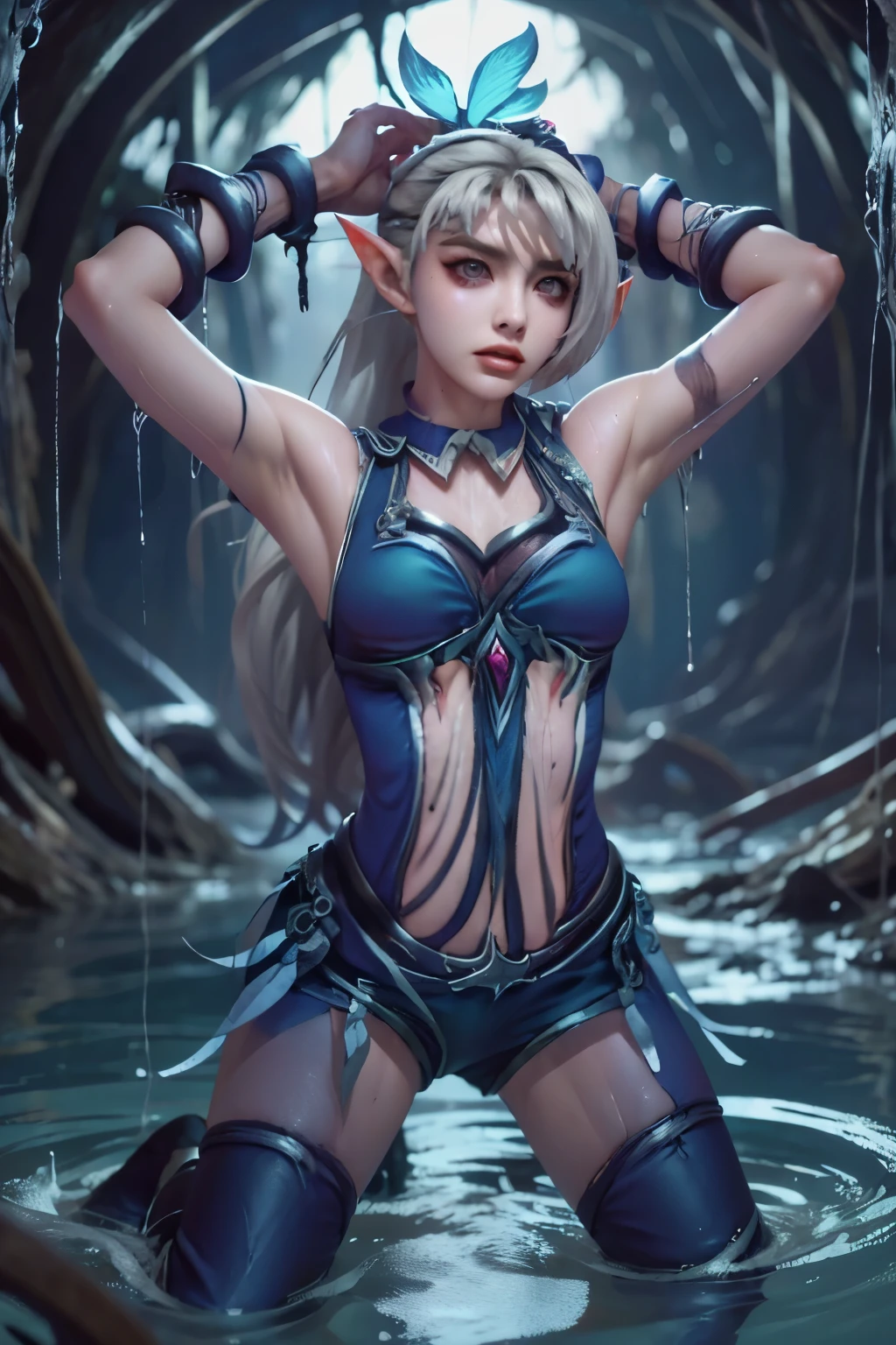 Tentacle, 1 girl,tentacle in whole body, wearing blue bikini, blue short pants, standing,shy, lewd, wet pants, oiled body, sticking tongue out, lewd, lewd pose, crying, a large amount of cloudy liquid drips from the genitals, ((Tears flow, cry with pain)),(Bruises, dirty,BDSM), Squirting, female masturbation, body bleeding, peeing, scared, Embarresed, degrace, humilated, cum body, cum in whole face