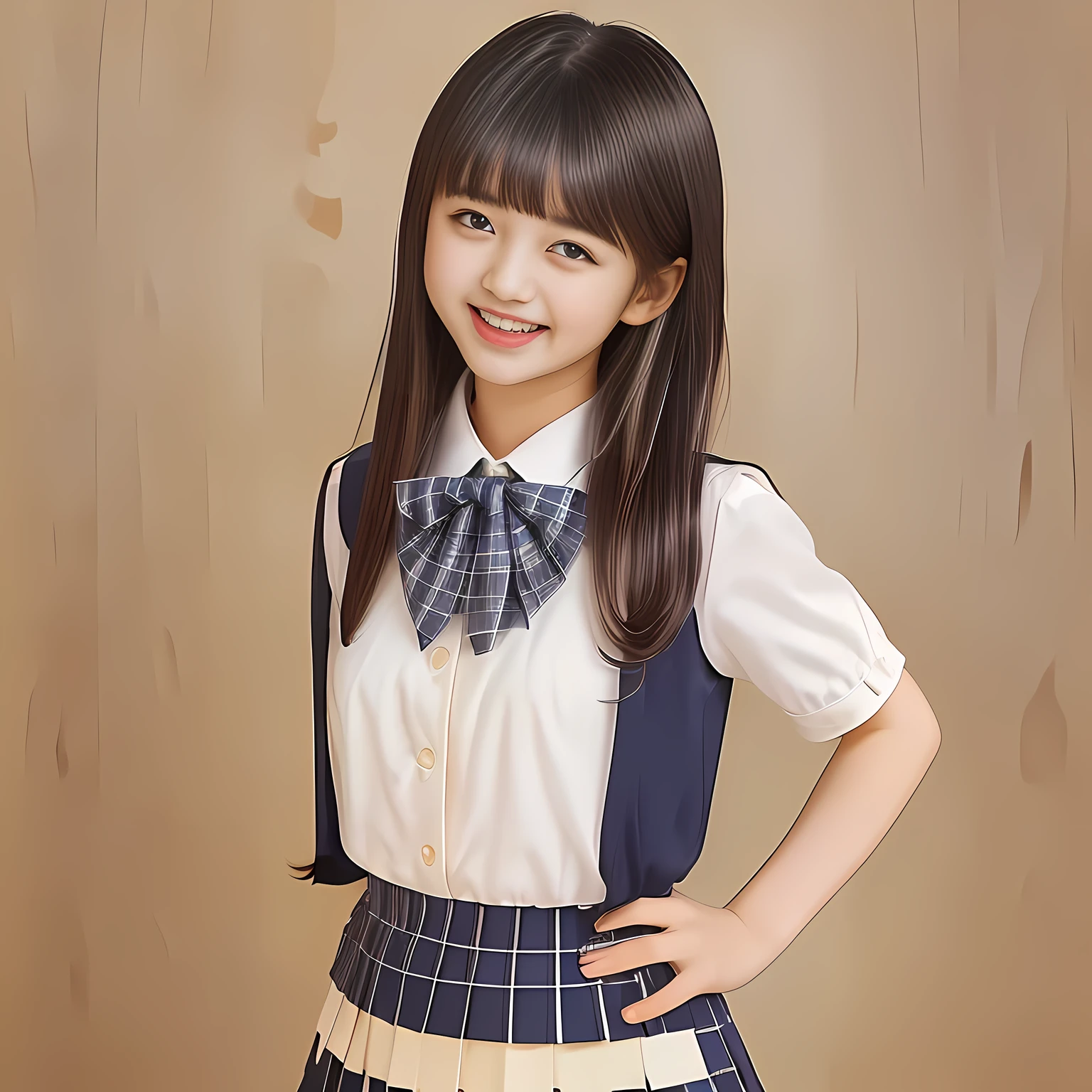 (Highest quality, masterpiece:1.2), Highest quality, High resolution, 1080P, 8k, height: 158cm, (School-uniform beautiful **** girl models are smiling nobly in a young girls fashion magazine's page, promoting school uniform designed by Japanese school-wear maker: 1.8),  well-grown breast and nice style, (well arranged, balanced, untied, neat glossy wavy wavy super-long hair like hair model), (Double-deep-eyelids, completely balanced, brown large large dreaming Japanese graceful popular model's cute open eyes, with detailed beautifully: 1.7), (Very-glossy lustrous lips: 1.8), (very high nose: 1.2), (Rich and long bottom-eye-slashes: 1.2), (Drives me crazy for her navy-colored neat tartan plaid blue skirts and make me fall into her navy-colored plaid-print pleats skirt: 1.4), (Fine white-face: 1.6), (Noble ****ta girly feminine frilled frilled clean frilled white girly puffed-sleeves blouse: 1.6), (Navy pleated plaid skirt: 1.5), (Plain big frilled ribbon on the breast), (Girl whom everyone loves because of her beauty and neat school fashion and noble manner and magic-charm of succubus: 1.3), (full body shot), (evenly cut curled glossy rich beautiful bangs: 1.6), (bright light hitting her white-face and skirt clearly beautifully), white-shining skin, (She is touching and straightening her hair with her both hands finger: 1.2)