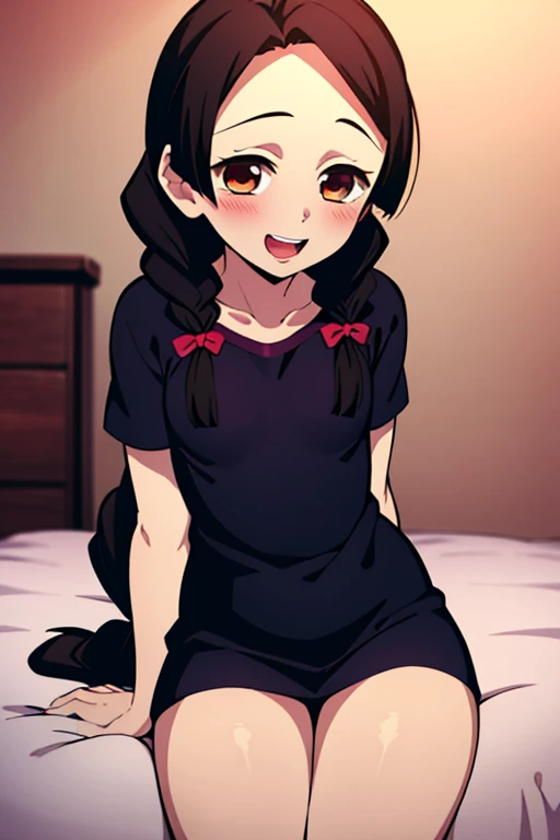 ((Best Quality)), ((masterpiece)), (be familiar with), Perfect Face, indoor, bedroom, Watching the audience,
One woman, Kanroji Mitsuri,
Open Mouth, Ecstatic expression, blush, smile,
Small breasts, Flat Chest, , , child, Girl,
Long Hair, Braids,
Leg spread,