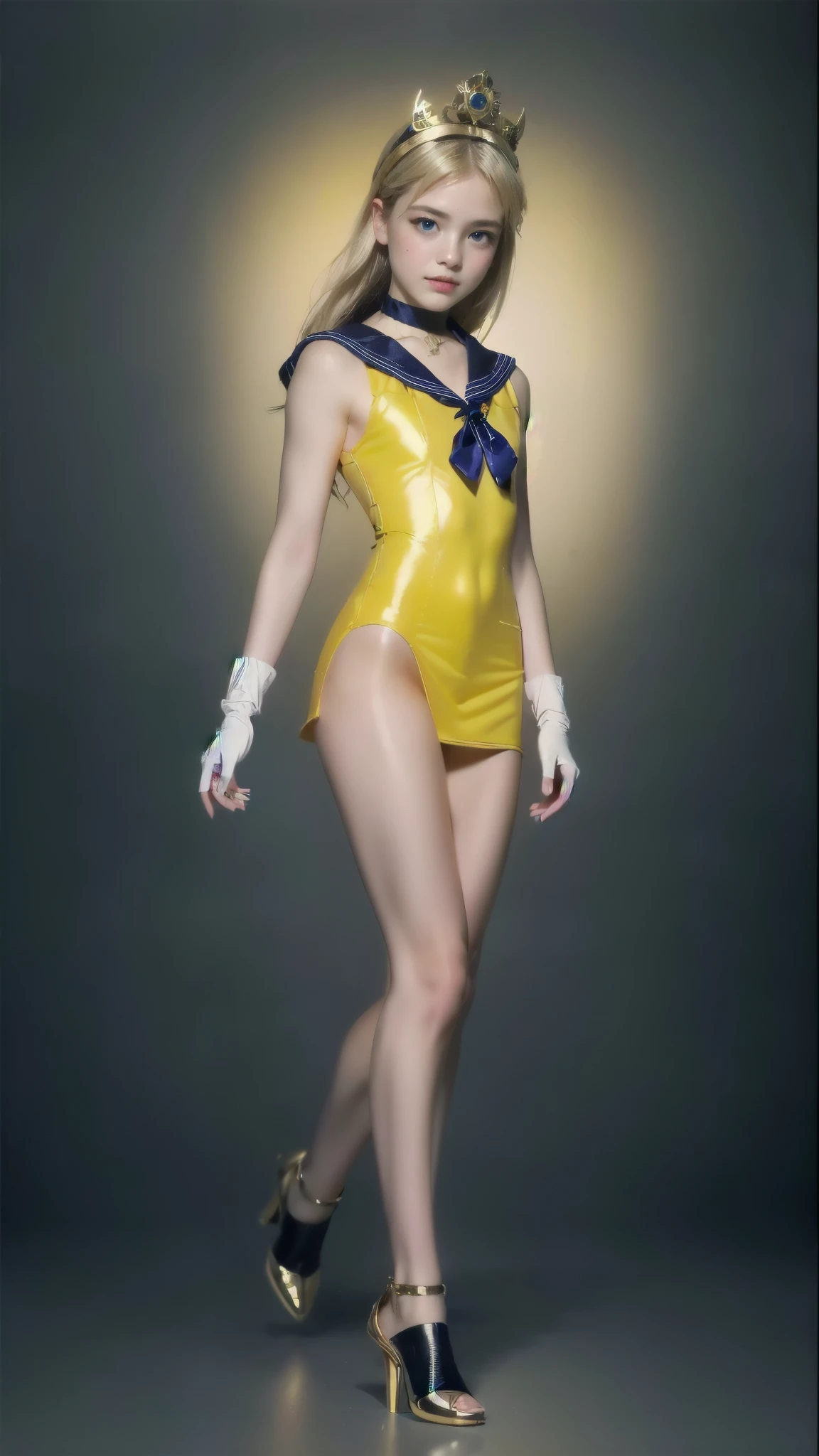 ((masterpiece:1.4)、(de alta qualidade:1.4)、({{reallistic:1.7))、master piece:1.4、a beautiful girl、(sailor moon:1.4)、Tsukino Usagi、Body Fit Sexy Sailor Senshi Uniform、(Shiny Latex)、(The jacket is a white sleeveless sailor)、(Blue Sexy Ultra Ultra Pleated Mini Skirt)、The collar of the sailor suit is blue with two thin lines.、High leg swimsuit、Red cloth ornament on the chest、(wearing white gloves)、kawaii girl、Super beauty、sharp focus、portrait photos、(Perfect female body:1.4)、perfect proportions、Upper body photography:1.4、beautiful face、beautiful eyes、narrow waist、beautiful legs、(yellow hair:1.4)、(hair length:1.2)、beautiful udder、big and full breasts:1.2、sexy bundle、raw photo、、red high heels:1.4、a choker:1.4、a necklace:1.4、toys:1.4、Luxurious Golden Tiara:1.4、1 display screen、a moon、cosmos、spaceships、A space station、city of the future, (tan, Muscular, , small, child, , toddlers, Chibi, sd character:1.1), (Single person:1.5)，(Masterpiece:1.5), (Best quality:1.2), break [blue:peach red:0.5] Theme, (gradient backgrounds :1.1), Cowboy shot, Upper body body，Cinematic light，(Perfect Hand 1.5)， Slender beautiful legs，Flat chest，Playful, (2 0 years old), ( small, Chibi, sd character:1.5), (full body:1.8), (upper body up:0.3), (hyper realistic:1.4), (realistic:1.3), (best quality real texture skin), Detailed eyes, detailed face, PERSEPHONE, (SFW:1.5) negative tag, body proportions, (Chapped lips:1.4), (blush de nariz:1.2), foreshortening, black cuts, (eye contact), High contrast, ultra high resolution, high resolution, detailed, Clean face, (sensual face:1.5), (big purple eyes:1.2), (ultra detailed eyes:1.4), (High resolution eyes:1.1), (ultra detailed skin texture:1.4), PERSEPHONE, Persephone, Persephone, (SFW:1.5), (full body:1.8), (upper body up:0.3), (hyper realistic:1.4), (realistic:1.3), (best quality real texture skin), Detailed eyes, detailed face,
