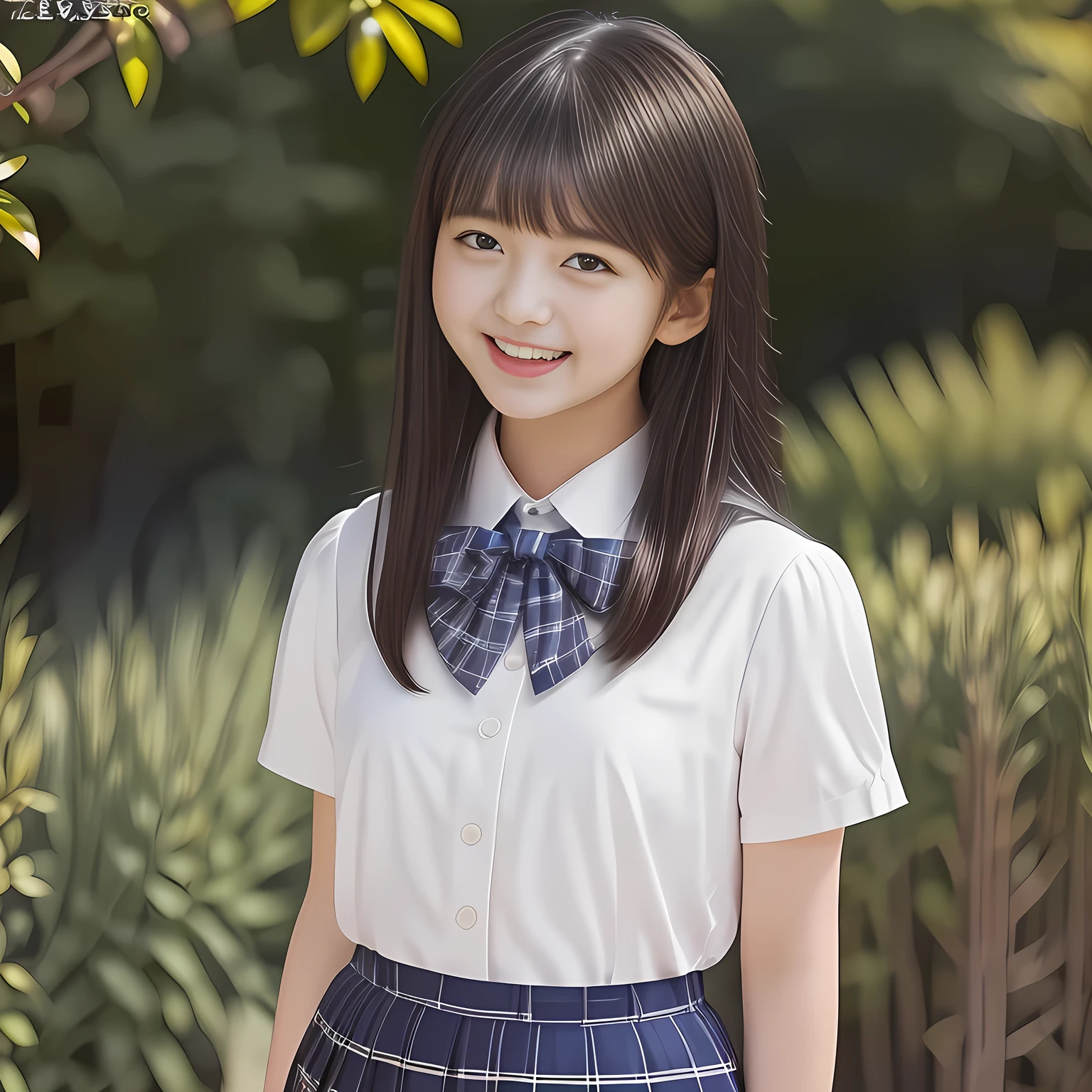 (Highest quality, masterpiece:1.2), Highest quality, High resolution, 1080P, 8k, height: 158cm, (School-uniform beautiful 13yo girl models are smiling nobly in a young girls fashion magazine's page, promoting school uniform designed by Japanese school-wear maker: 1.8),  well-grown breast and nice style, (well arranged, balanced, untied, neat glossy wavy wavy super-long hair like hair model), (Double-deep-eyelids, completely balanced, brown large large dreaming Japanese graceful popular model's cute open eyes, with detailed beautifully: 1.7), (Very-glossy lustrous lips: 1.8), (very high nose: 1.2), (Rich and long bottom-eye-slashes: 1.2), (Drives me crazy for her navy-colored neat tartan plaid blue skirts and make me fall into her navy-colored plaid-print pleats skirt: 1.4), (Fine white-face: 1.6), (Noble lolita girly feminine frilled frilled clean frilled white girly puffed-sleeves blouse: 1.6), (Navy pleated plaid skirt: 1.5), (Plain big frilled ribbon on the breast), (Girl whom everyone loves because of her beauty and neat school fashion and noble manner and magic-charm of succubus: 1.3), (full body shot), (evenly cut curled glossy rich beautiful bangs: 1.6), (bright light hitting her white-face and skirt clearly beautifully), white-shining skin, (She is touching and straightening her hair with her both hands finger: 1.2), Because your smile is so cute、All viewers will be captivated