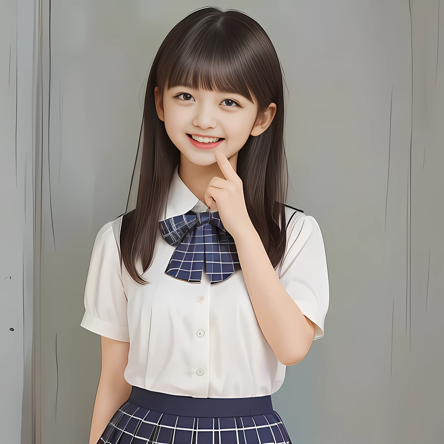 (Highest quality, masterpiece:1.2), Highest quality, High resolution, 1080P, 8k, height: 158cm, (School-uniform beautiful  girl models are smiling nobly in a young girls fashion magazine's page, promoting school uniform designed by Japanese school-wear maker: 1.8),  well-grown breast and nice style, (well arranged, balanced, untied, neat glossy wavy wavy super-long hair like hair model), (Double-deep-eyelids, completely balanced, brown large large dreaming Japanese graceful popular model's cute open eyes, with detailed beautifully: 1.7), (Very-glossy lustrous lips: 1.8), (very high nose: 1.2), (Rich and long bottom-eye-slashes: 1.2), (Drives me crazy for her navy-colored neat tartan plaid blue skirts and make me fall into her navy-colored plaid-print pleats skirt: 1.4), (Fine white-face: 1.6), (Noble lolita girly feminine frilled frilled clean frilled white girly puffed-sleeves blouse: 1.6), (Navy pleated plaid skirt: 1.5), (Plain big frilled ribbon on the breast), (Girl whom everyone loves because of her beauty and neat school fashion and noble manner and magic-charm of succubus: 1.3), (full body shot), (evenly cut curled glossy rich beautiful bangs: 1.6), (bright light hitting her white-face and skirt clearly beautifully), white-shining skin, (She is touching and straightening her hair with her both hands finger: 1.2), (All viewers will be captivated by her because her smile is too much cute), (Complete plain light blue background)