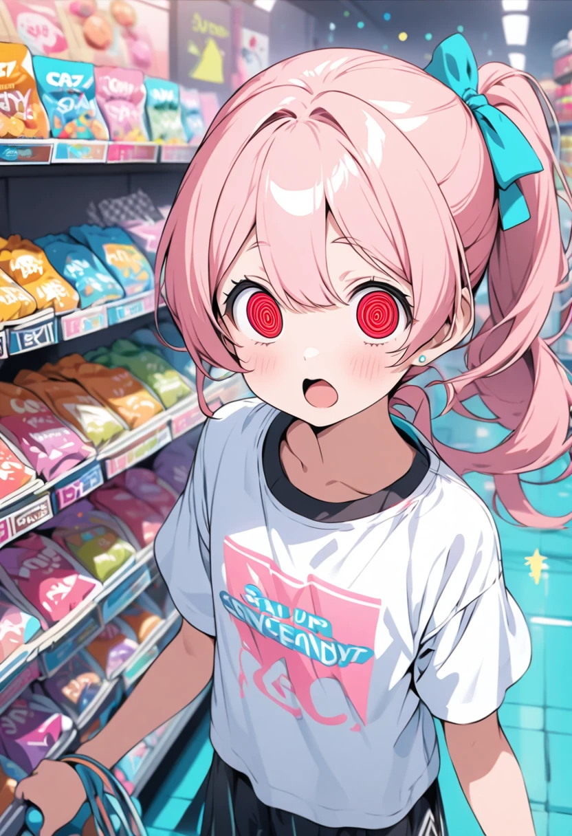 a woman with a cold coat, pigtails, pink hair with gray bangs, pink eyes, smiling, big breasts, toned thighs, in a park at night with a snack bar in the background, just one woman, solo,HDR, ultra resolution, very detailed, masterpiece, ultra quality, 4K HD.