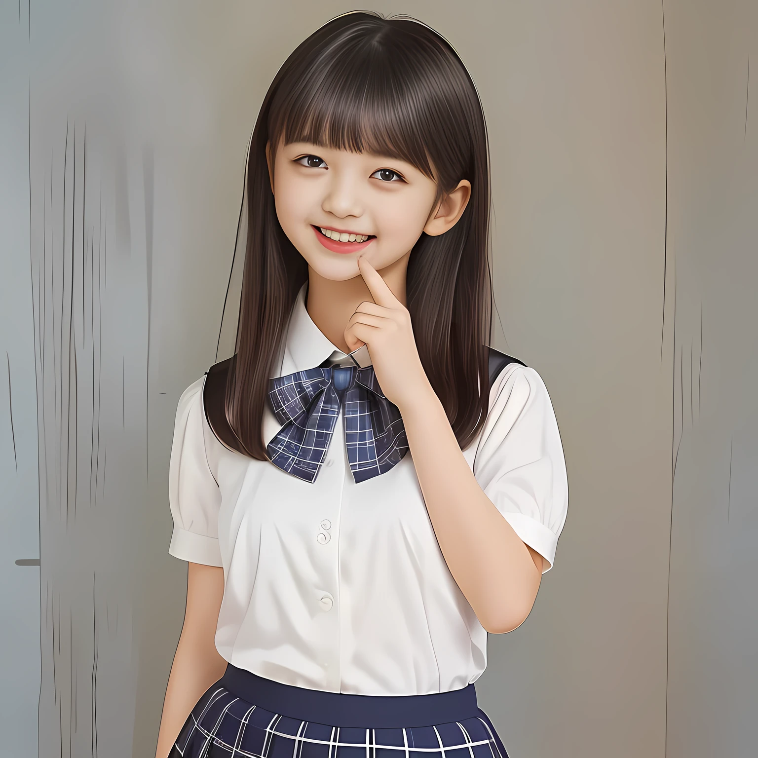 (Highest quality, masterpiece:1.2), Highest quality, High resolution, 1080P, 8k, height: 158cm, (School-uniform beautiful girl models are smiling nobly in a young girls fashion magazine's page, promoting school uniform designed by Japanese school-wear maker: 1.8), well-grown breast and nice style, (well arranged, balanced, untied, neat glossy wavy wavy super-long hair like hair model), (Double-deep-eyelids, completely balanced, brown large large dreaming Japanese graceful popular model's cute open eyes, with detailed beautifully: 1.8), (Very-glossy lustrous lips: 1.8), (very high nose: 1.2), (Rich and long bottom-eye-slashes: 1.2), (Drives me crazy for her navy-colored neat tartan plaid blue skirts and make me fall into her navy-colored plaid-print pleats skirt: 1.4), (Fine white-face: 1.6), (Noble loliirly feminine frilled frilled clean frilled white girly puffed-sleeves blouse: 1.6), (Navy pleated plaid skirt: 1.5), (Plain big frilled ribbon on the breast), (Girl whom everyone loves because of her beauty and neat school fashion and noble manner and magic-charm of succubus: 1.3), (full body shot), (evenly cut curled glossy rich beautiful bangs: 1.6), (bright light hitting her white-face and skirt clearly beautifully), white-shining skin, (She is touching and straightening her hair with her both hands finger: 1.2), (All viewers will be captivated by her because her smile is too much cute), (Complete plain light blue background)