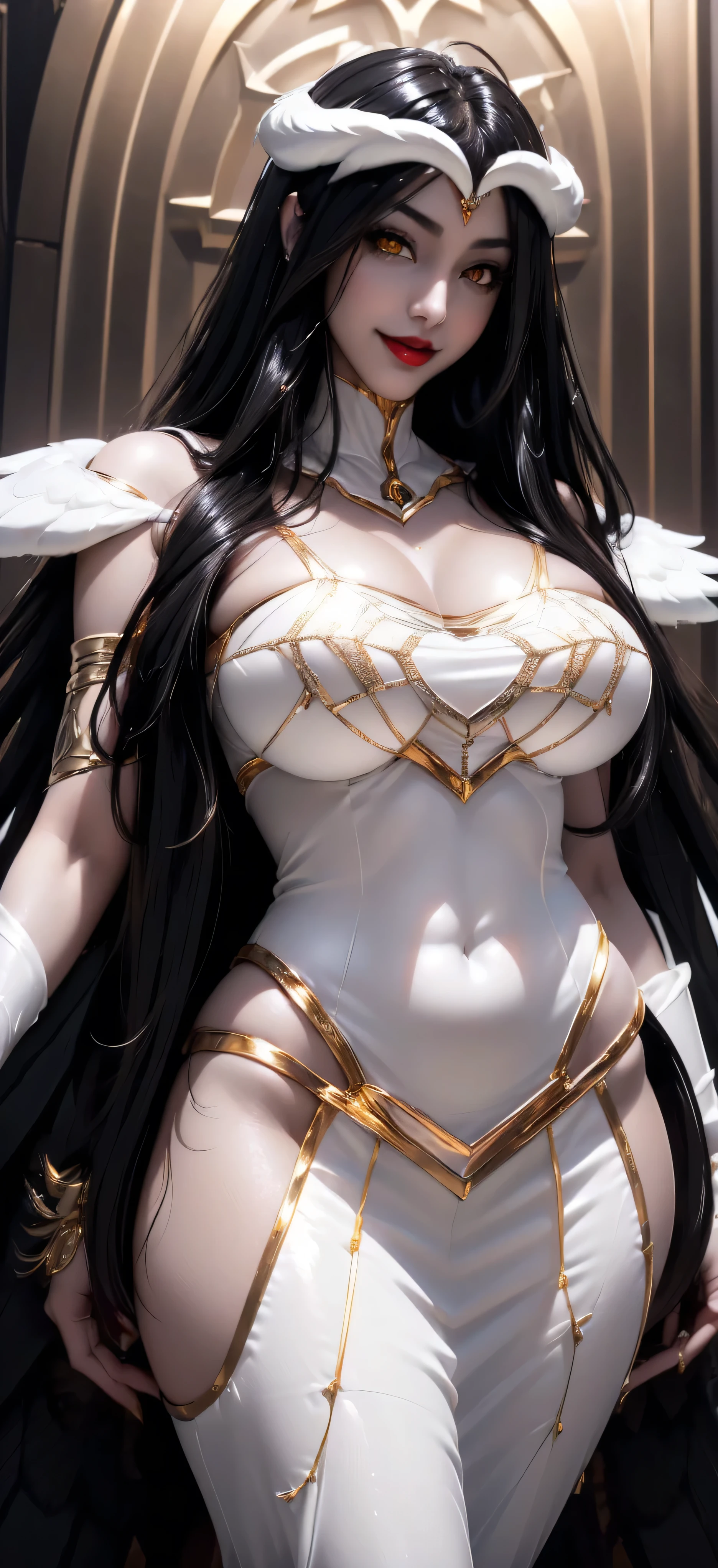 A (super realistic) beautiful sexy milf(albedo_overlord) with (glossy orange eyes(perfect sharpness & detailing) and white attire(detailed) with gold jewellery on breast, beautiful breast, black long beautiful hair, hyper detailed black wings (every thing with best detailing),very beautiful face holding seducing sexy smile(sexy red lips).