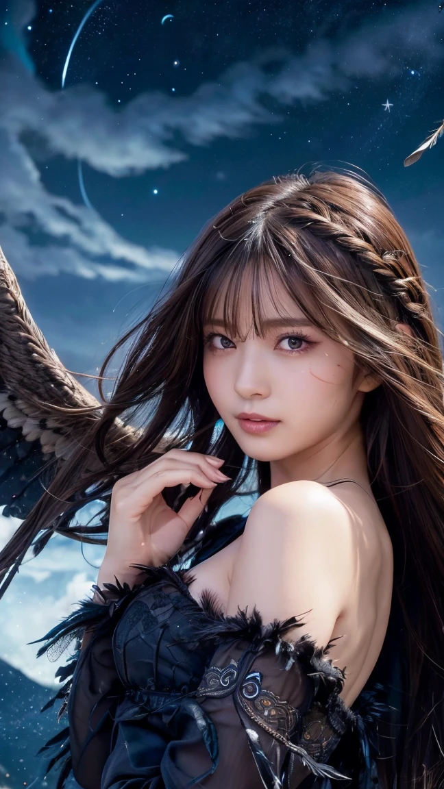 muste piece, best quality, illustration, Super detailed, fine details, High resolution, 8k,wall paper, perfect dynamic composition,(Details High quality, realistic depiction of eyes:1.3), (Fallen Angel Costume:1.3),  (Emphasize body line:1.1), very long hair, black hair color, Big Natural Color Lip, bold sexy pose, (perfect body shape), huge breasts, crying a little、cold gaze, cute type, Ultra HD Hair, Ultra high definition beauty face、Ultra HD Hair、Ultra-high definition sparkling eyes、(close up of face:1.1)、Three-braided half-up hairstyle、Brown eyes、Facing forward、Symmetrical、Black feathers fluttering、Falling black feathers、(Night Sky:1.5)、Small breasts、moonlight、Backlight、Low angle、A large number of scattered feathers、Falling Feathers、Looking up at the sky、Feather feather feather、(semen:1.5), (over the cloud:1.3)、Off the shoulder、Depth of written boundary、70mm, f1.8, Black underwear、Black bed、Purple Background