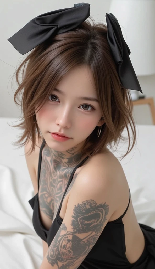 
((Tattooed arms:1.2)), ((Chest tattoo:1.4)), ((A body covered in tattoos:1.2)),RAW Photos、Realistic、
((Gravure photoshoot、Posing、full body,Lying down and looking at the camera:1.5)),white、(Sexy black dress:1.5),