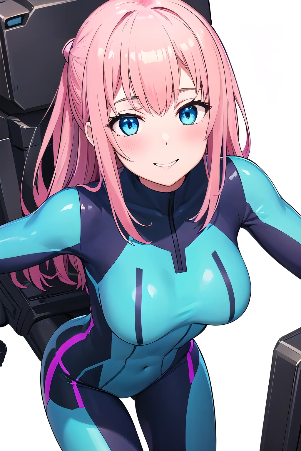 2 girl,Samus aran,solo,green eyes, pink hair, forehead   hair, white zero suit,white body suit,purple stripes,cowboy shot,blush,,Science fiction,ultra-detailed,sharp focus,aesthetic,(best quality), white background, (Licking ears:1.2)