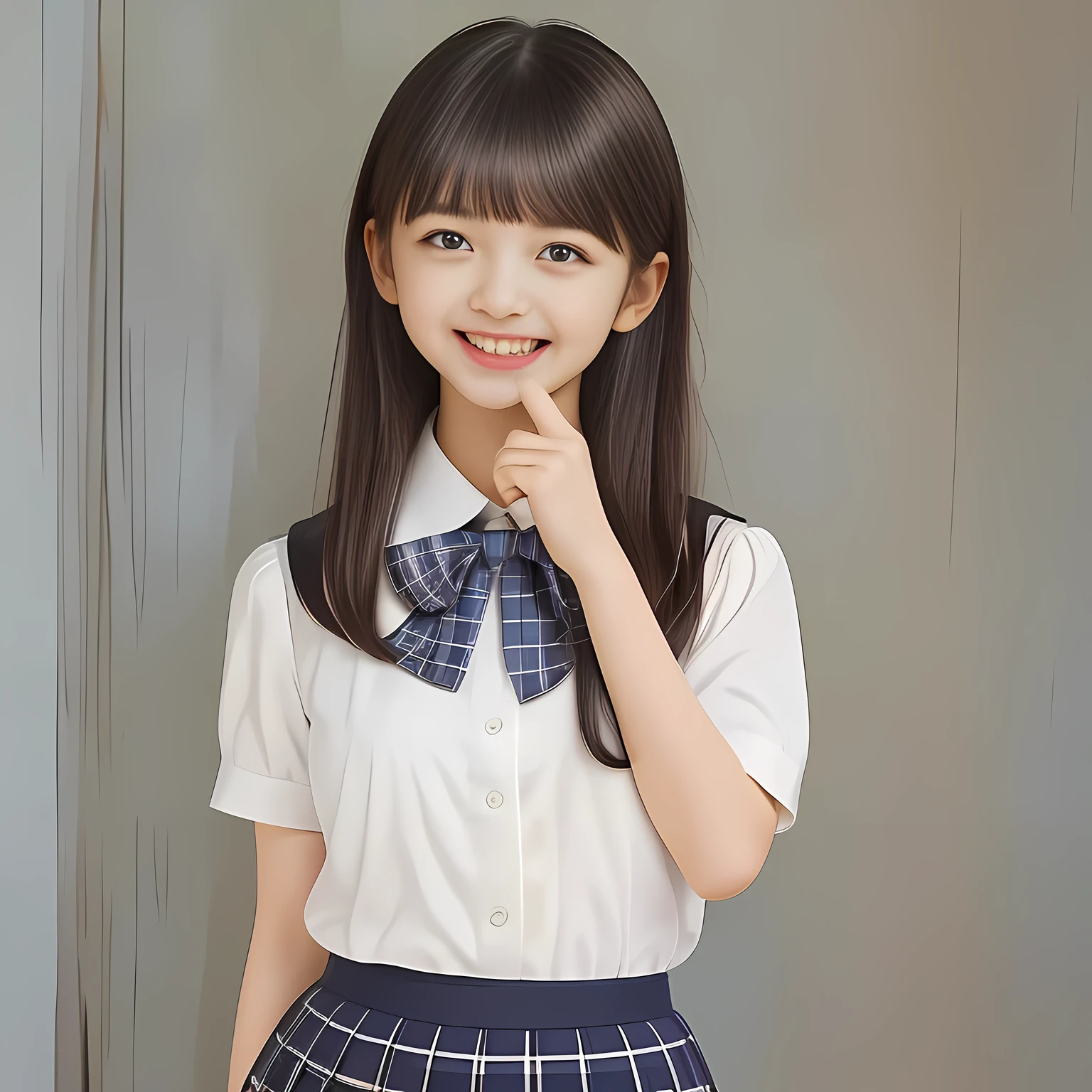 (Highest quality, masterpiece:1.2), Highest quality, High resolution, 1080P, 8k, height: 158cm, (School-uniform beautiful girl models are smiling nobly in a young girls fashion magazine's page, promoting school uniform designed by Japanese school-wear maker: 1.8), (Well-grown rich breast and nice style: 1.2), (well arranged, balanced, untied, neat glossy wavy wavy super-long hair like hair model), (Double-deep-eyelids, completely balanced, brown large large dreaming Japanese graceful popular model's cute open eyes, with detailed beautifully: 1.8), (Very-glossy lustrous lips: 1.8), (very high nose: 1.4), (Rich and long bottom-eye-slashes: 1.2), (Drives me crazy for her navy-colored neat tartan plaid blue skirts and make me fall into her navy-colored plaid-print pleats skirt: 1.4), (Fine white-face: 1.6), (Noble loliirly feminine frilled frilled clean frilled white girly puffed-sleeves blouse: 1.6), (Navy pleated plaid skirt: 1.5), (Plain big frilled ribbon on the breast), (Girl whom everyone loves because of her beauty and neat school fashion and noble manner and magic-charm of succubus: 1.3), (full body shot), (evenly cut curled glossy rich beautiful bangs: 1.6), (bright light hitting her white-face and skirt clearly beautifully), white-shining skin, (She is touching and straightening her hair with her both hands finger: 1.2), (All viewers will be captivated by her because her smile is too much cute), (Complete plain light blue background)