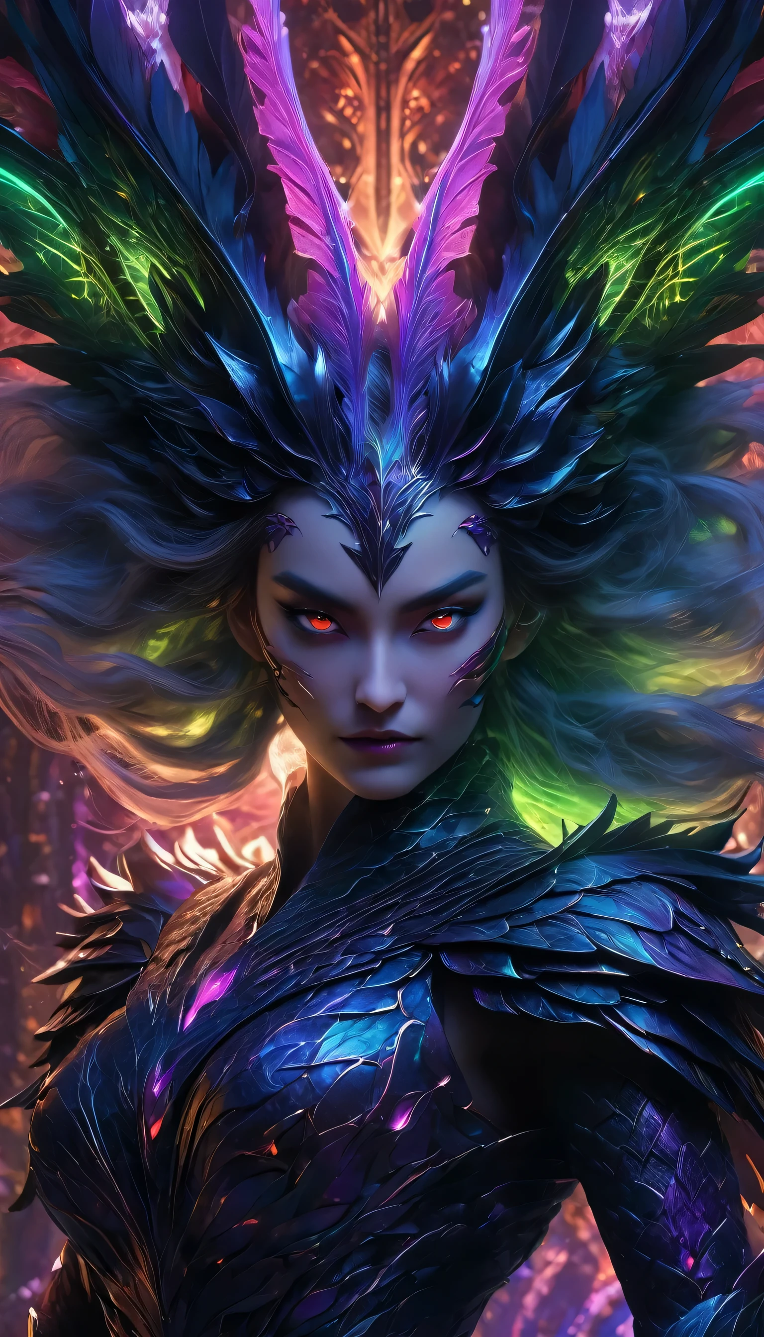 Masterpiece, best quality :1.3), ultra-detailed, intricate, 8k, HDR, wallpaper, dynamic action, colorful color scheme, ((full body, looking into the camera)), Dragon Woman, (detailed red eyes, scale-covered face, jagged mouth), dead scales, black, purple, neon green, ominous glow, glowing, ghostly fire-colored eyes, wing patterns reminiscent of interlocking computer code, bone fragments protruded from the wings, Eerie auras, glowing runes, sharp claws, spectral hues, drifting lights, mythical creatures, dragon ears