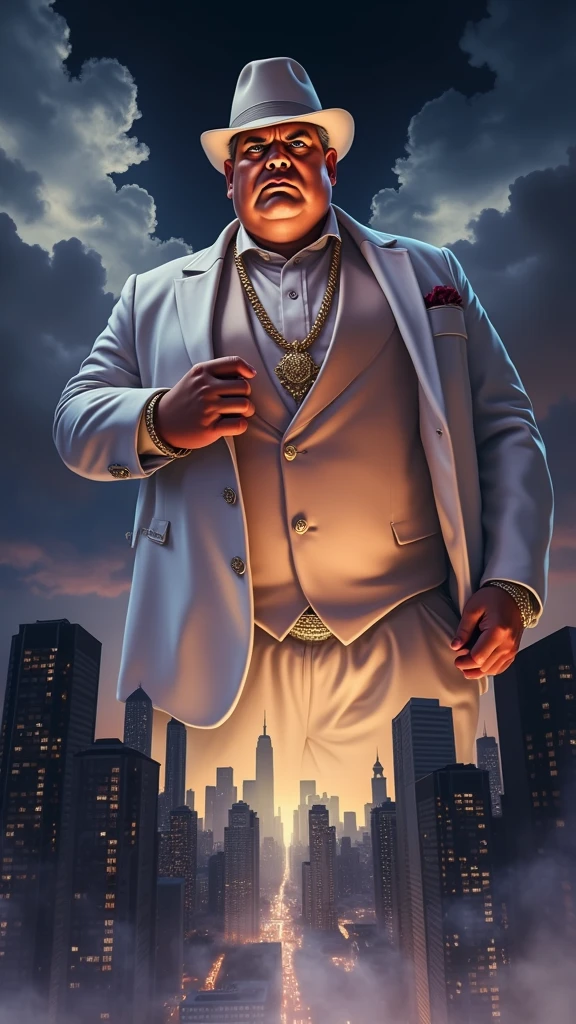 Create a dramatic, low-angle image of a powerful mafia boss towering over the city skyline beneath him, giving the impression of dominance and control over the urban landscape. The mafia boss is a very fat white man, large and imposing, dressed in an elegant white suit with a white fedora, with gold jewelry. He fixes his cufflinks with the expression of his eyes narrowed, looking at the viewer, giving off a menacing aura. The composition is poster-like, blending the boss on top of the city skyline.