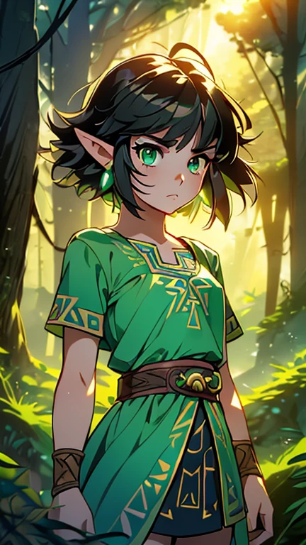 (1girl, Alone, Buttercup), (extremely detailed CG unit 8k wallpaper),(master part), (best quality), (ultra detail), (best illustration),(Xuer-Zelda-style), cowboy shot, (Sharp eyeliner, ombre, detailed eyes:1), forest, outdoors background, ,break,  (FanFo), upper body, black hair, green eyes, short hair, messy hair),