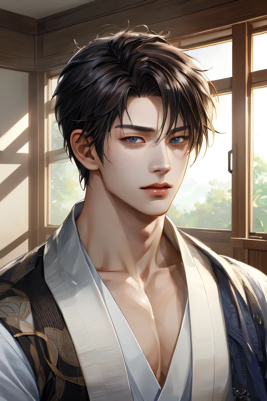 Close-up handsome very Japanese younger males,muscle,super and highly detailes,very 8k Japanese summer kimonos with Japanese prints patterns((absurdres, highres, ultra detailed)handsome, tall muscular Anime young man Japanese man full body figure kinda brawny muscular with black hair studious student likewithout glases in a very japanes male summer contemporary kimono yukata looking at the camera anime semi realiatic with different strking handsome features looks appearances that are moulded sculpted sculptured chiseled sharp angled angular broad high cheekbones full square jawed large almond shaped eyes light hazel amber or honey colors monolidded eyes barely shoulder length wavy hair dark in a very Japanese Tokyo home almost male model like