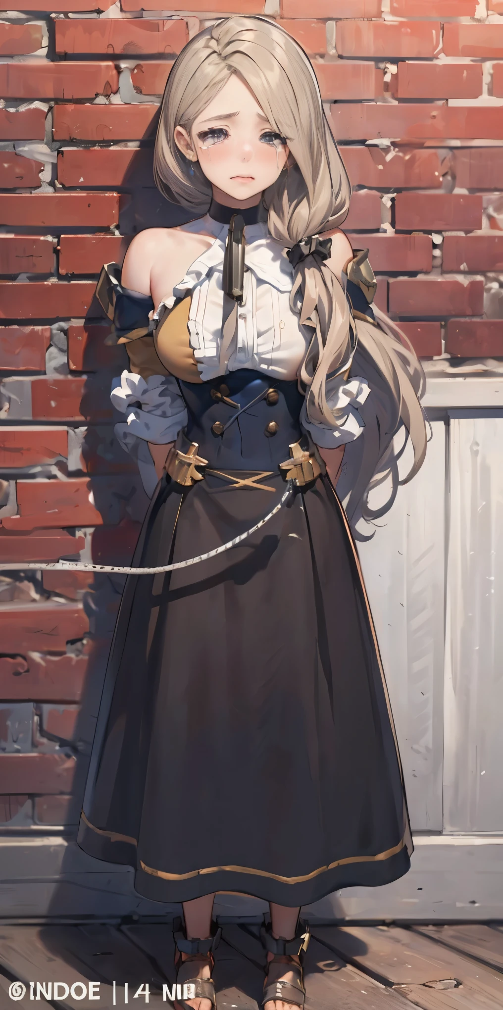 (masterpiece, best quality), intricate details, 1girl, Mercedes von Martritz from Fire Emblem (standing full body toe to head by wooden pole:1.2) iron collar, arms behind back, iron cuffs, shackles, bound, bondage outfit, harness, o-ring, bondage outfit blindfolded cover eyes, happy red cheeks, chain leash collar choker neck bell shackles wristbands bracers bracelets, cleave gag, sad face, red cheeks, cryings tears, painful (she was sold and betrayed by her own family)