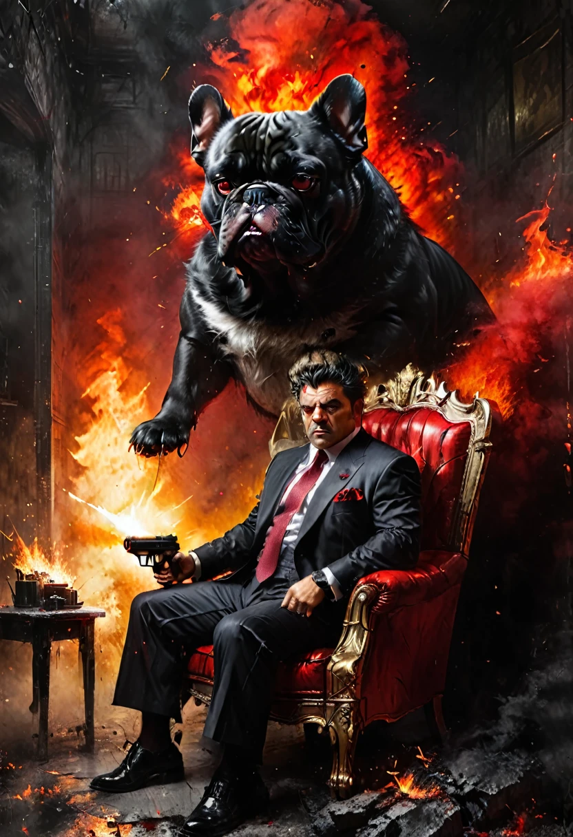 A Mafia Boss, siting on a crown Big Chair, a sniper Gun beside him, ak45 other side him, a bulldog front of him, fire blast background, dramatic light, black and red 007 suit, big hair, red eyes, saggar in mouth, masterpiece, unique, ultra realistic, handsome,