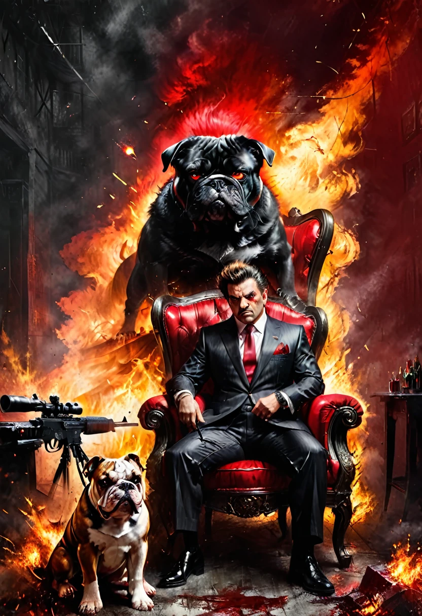 A Mafia Boss, siting on a crown Big Chair, a sniper Gun beside him, ak45 other side him, a bulldog front of him, fire blast background, dramatic light, black and red 007 suit, big hair, red eyes, saggar in mouth, masterpiece, unique, ultra realistic, handsome,