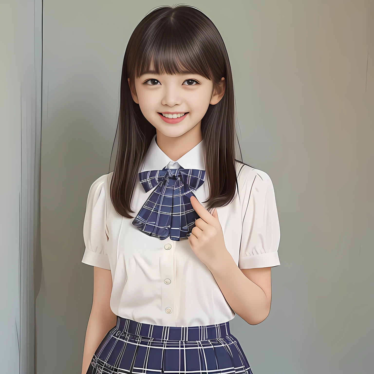 (Highest quality, masterpiece:1.2), Highest quality, High resolution, 1080P, 8k, height: 158cm, (School-uniform beautiful girl models are smiling nobly in a young girls fashion magazine's page, promoting school uniform designed by Japanese school-wear maker: 1.8), (Well-grown rich breast and nice style: 1.8), (well arranged, balanced, untied, neat glossy wavy wavy super-long hair like hair model), (Double-deep-eyelids, completely balanced, brown large large dreaming Japanese graceful popular model's cute open eyes, with detailed beautifully: 1.8), (Very-glossy lustrous lips: 1.8), (very high nose: 1.4), (Rich and long bottom-eye-slashes: 1.2), (Drives me crazy for her navy-colored neat tartan plaid blue skirts and make me fall into her navy-colored plaid-print pleats skirt: 1.4), (Fine white-face: 1.6), (Noble lolita girly feminine frilled frilled clean frilled white girly puffed-sleeves blouse: 1.6), (Navy pleated plaid skirt: 1.5), (Plain big frilled ribbon on the breast), (Girl whom everyone loves because of her beauty and neat school fashion and noble manner and magic-charm of succubus: 1.3), (full body shot), (evenly cut curled glossy rich beautiful bangs: 1.6), (bright light hitting her white-face and skirt clearly beautifully), white-shining skin, (She is touching and straightening her hair with her both hands finger: 1.2), (All viewers will be captivated by her because her smile is too much cute), (Complete plain light blue background)