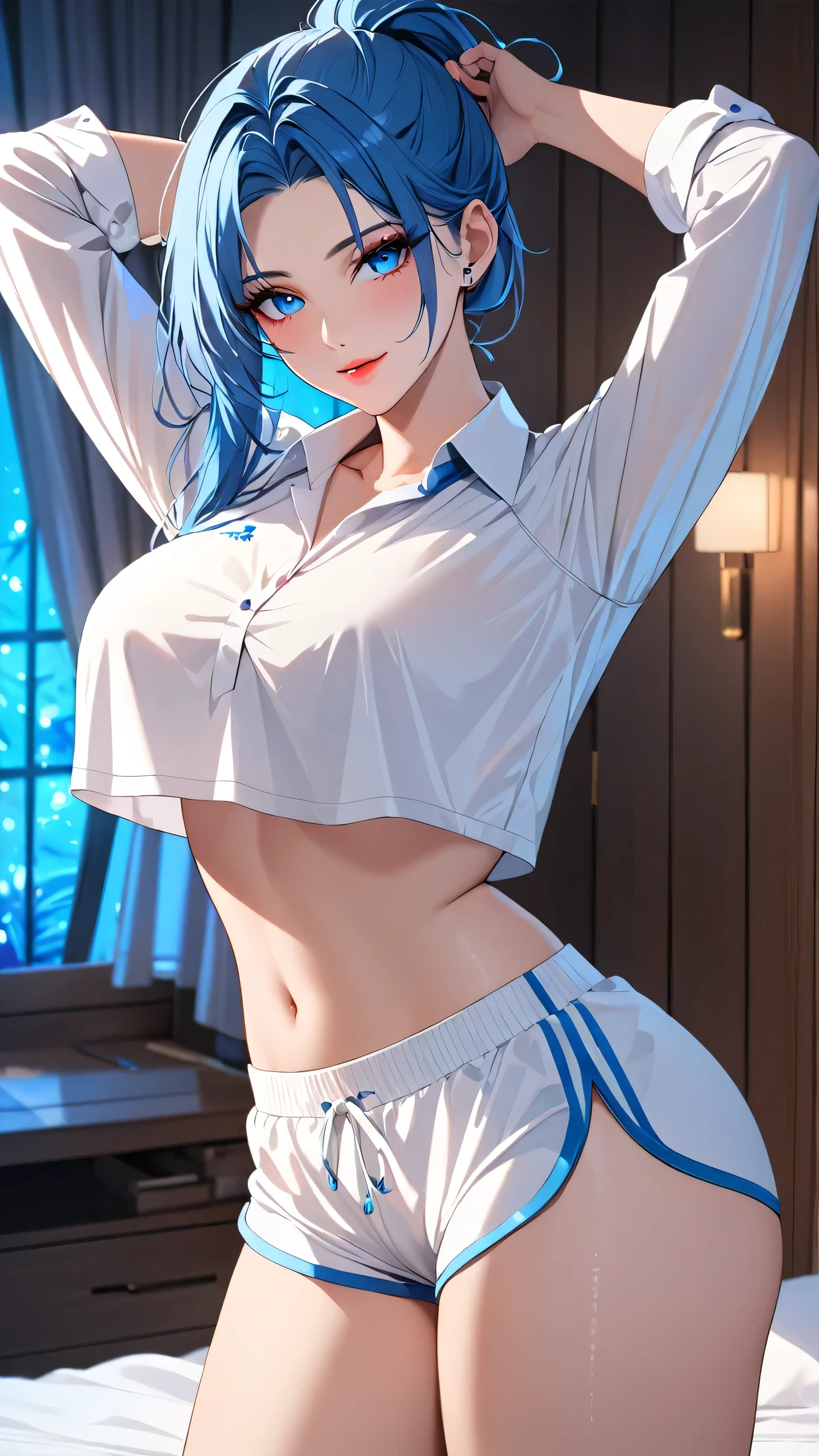 Highest quality　masterpiece　High resolution　masterpiece, blue messy  hair,　　bule glowing Eyes, high pony tail, seductive lips, teasing smile, big breast, white long-sleeved collared shirt, bedroom, make up, glowing, beautiful, crop top overhang, hand behind the head, dolphin short, tight