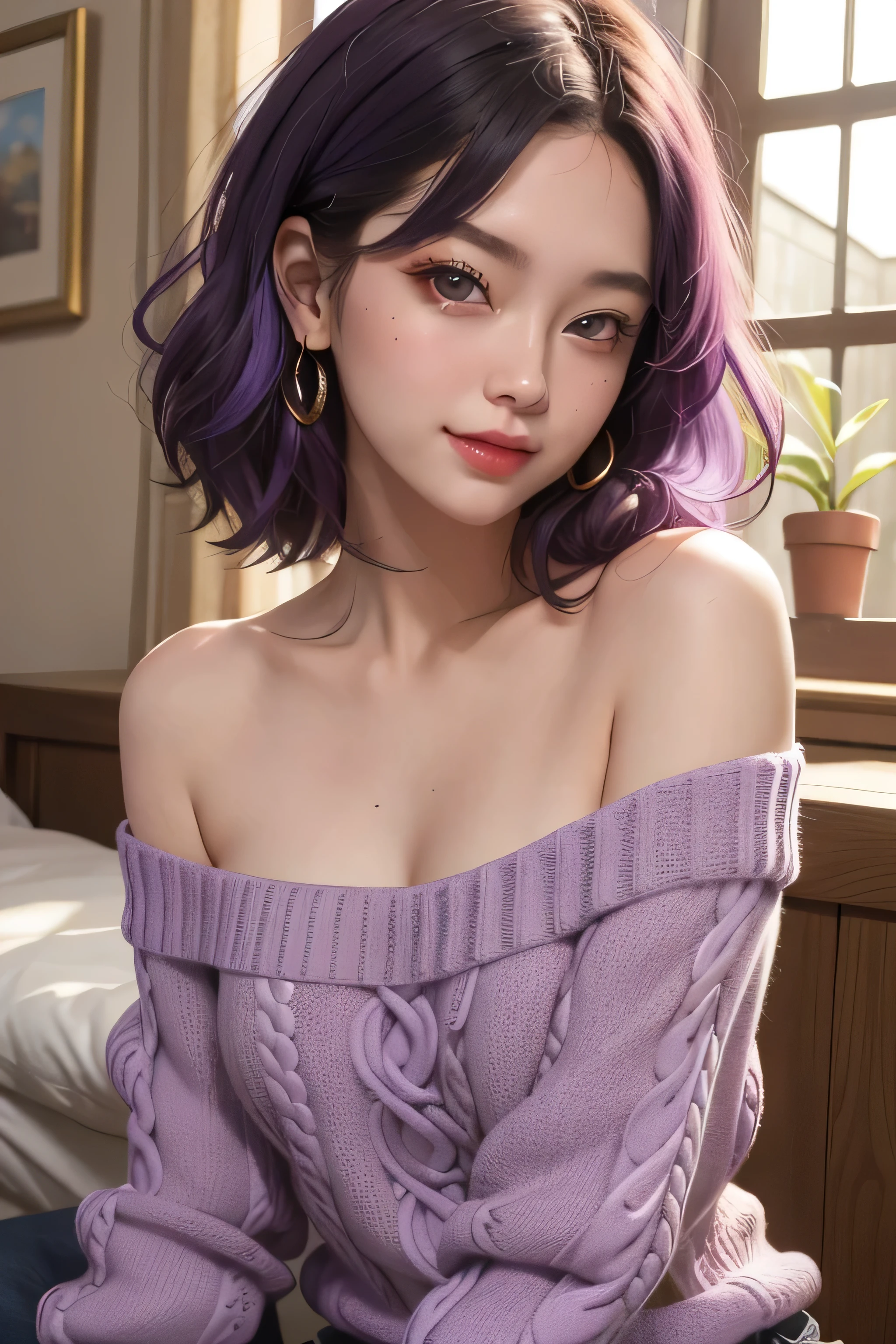 Purple Hair、Amethyst eyes、Beauty、She has her bangs down、Short Hair、gorgeous、Long eyelashes、Big Eyes、Earrings、Upper body naked、Fishnet tights、Wearing a hoodie、Cleavage、tits、Beautiful legs、Beautiful abs、Slimy skin、Oily skin、White skin、Light reflecting skin、Glossy finish、Realistic details、Perfect body
