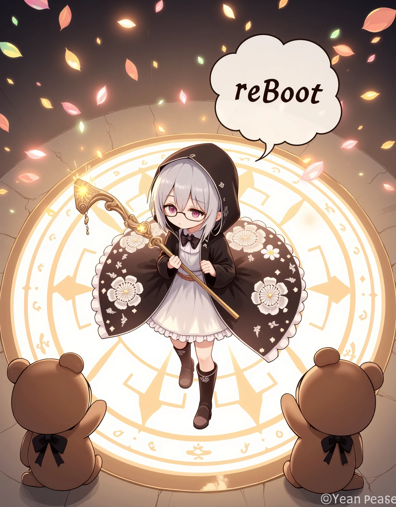 Sepia brown filter, comic balloon saying “REBOOT” with beautiful font, 1girl\(cute,little kid, wearing black glasses,use black glasses,white skin, pale skin, wearing black hood , black robe\(hood,beautiful gorgeous white embroidery with many detailed flower pattern\), white frilly dress, green Jade color eyes, black long boots, white hair, bangs, shoulder length bob hair, holding glowing magic stick, using magic,\) standing at side looking at magic circle, at side and opposite side A moving 1teddy bear\(brown, small, fluffy, cute black bow around neck, cute pose, familiar sprit\) standing, a big shining magic circle\(Beautiful geometric patterns\) on the center of the ground and from there so many beautiful colorful petals are overflowing with many beautiful sparkles, happy atmosphere,black glasses