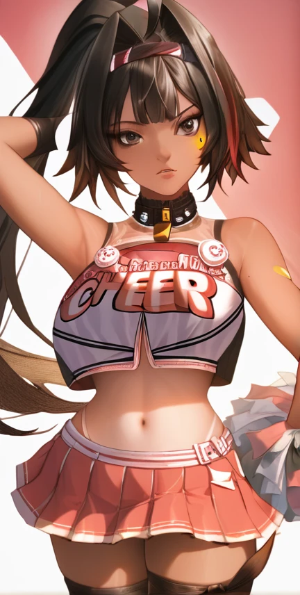 Nick is rich, dark skin, brown eyes, black hair, ahoge, streaked hair, Long hair, ponytail, hair band, hair collection, Cheerleaders, crop top, big breasts, sub-chest, diaphragm, navel, шипованный collar, collar, ADHESIVE PLASTER, pleated skirt, panties with ties, side cut, black stockings, asymmetrical hosiery, hip belt, a mole, Tan lines,standing_split, raised leg, panties are visible, detailed background