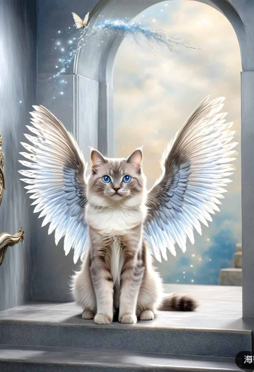 realistic, very detailed, Ultra HD, gray tabby cat (ragdoll, seal Lynx mitted) with angel wings, in the middle of the staircase to heaven, silver gate of heaven, Grief, departure