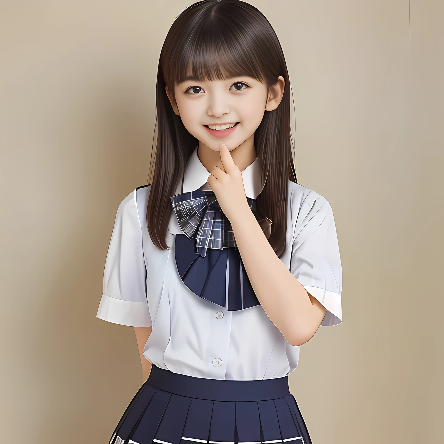 (Highest quality, masterpiece:1.2), Highest quality, High resolution, 1080P, 8k, height: 158cm, (School-uniform beautiful  girl models are smiling nobly in a young girls fashion magazine's page, promoting school uniform designed by Japanese school-wear maker: 1.8), (Well-grown rich breast and nice style: 1.8), (well arranged, balanced, untied, neat glossy wavy wavy super-long hair like hair model), (Double-deep-eyelids, completely balanced, brown large large dreaming Japanese graceful popular model's cute open eyes, with detailed beautifully: 1.8), (Very-glossy lustrous lips: 1.8), (very high nose: 1.4), (Rich and long bottom-eye-slashes: 1.2), (Drives me crazy for her navy-colored neat tartan plaid blue skirts and make me fall into her navy-colored plaid-print pleats skirt: 1.4), (Fine white-face: 1.6), (Noble lolita girly feminine frilled frilled clean frilled white girly puffed-sleeves blouse: 1.6), (Navy pleated plaid skirt: 1.5), (Plain big frilled ribbon on the breast), (Girl whom everyone loves because of her beauty and neat school fashion and noble manner and magic-charm of succubus: 1.3), (full body shot), (evenly cut curled glossy rich beautiful bangs: 1.6), (bright light hitting her white-face and skirt clearly beautifully), white-shining skin, (She is touching and straightening her hair with her both hands finger: 1.2), (All viewers will be captivated by her because her smile is too much cute), (Complete plain light blue background)