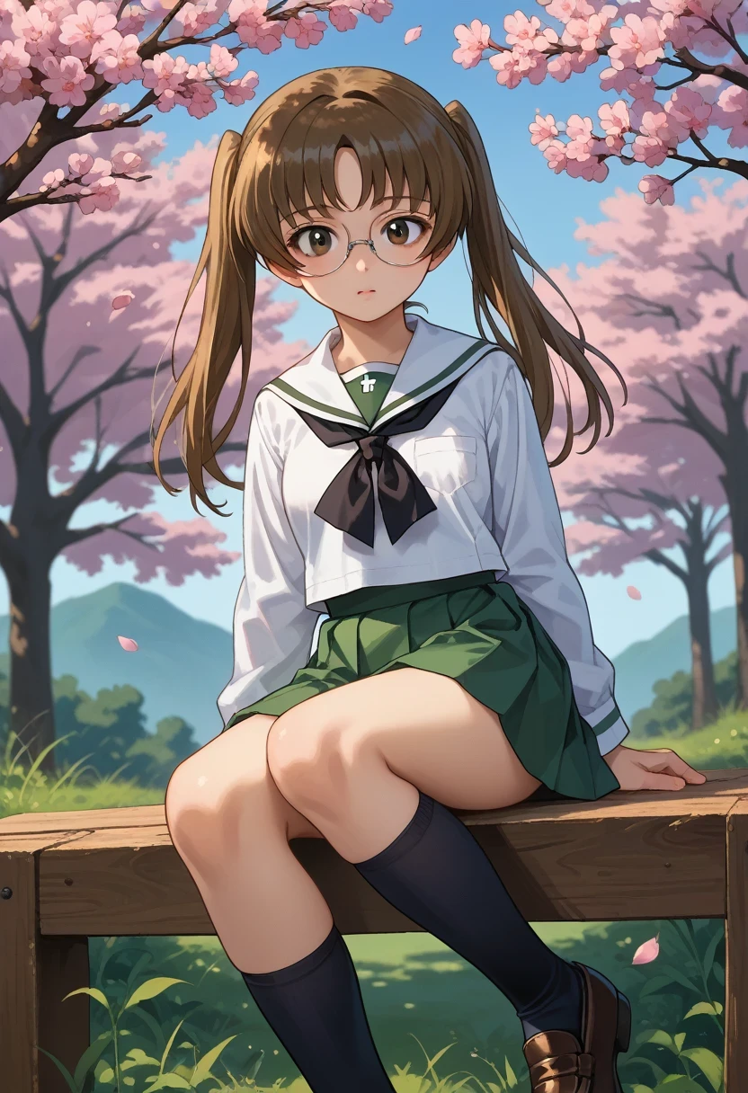 score_9, score_8_up, score_7_up, source_anime, 
outdoors,cherry blossoms,standing,cowboy, sitting, 
 GUPAya , 1girl, glasses, twintails, brown eyes, brown hair, long hair, ooarai school uniform,white sailor collar,black neckerchief,white shirt,long sleeves,green skirt,black socks,loafers