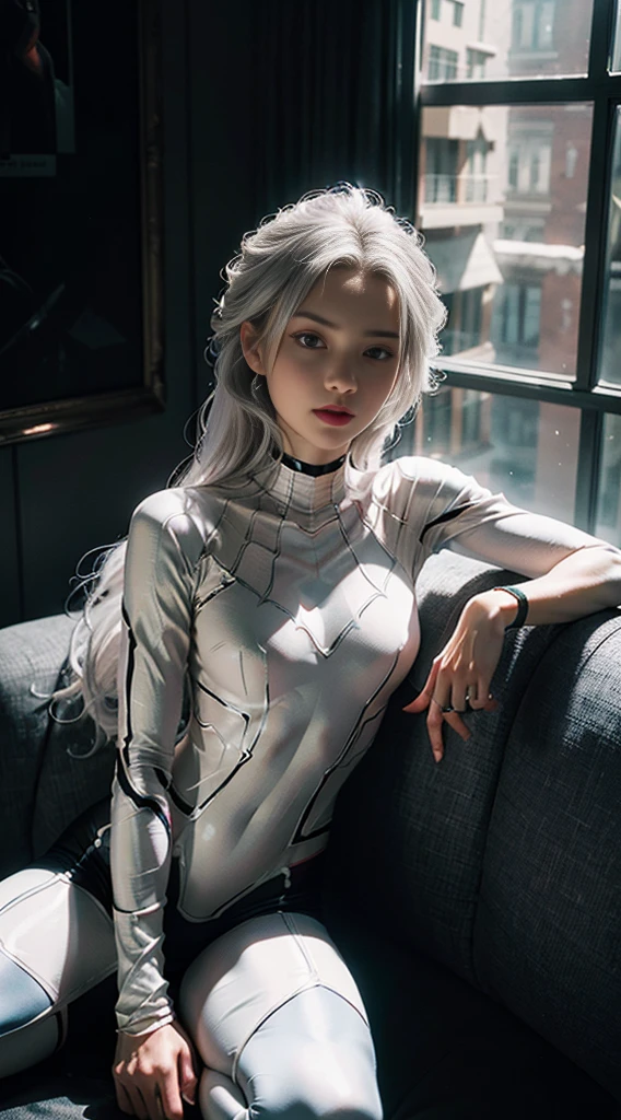 (CG Unity 8K wallpaper in extreme detail,tmasterpiece,Highest image quality),(Delicate light and shadow,The picture is highly dramatic,Cinematic lens effect),A girl in a white Spider-Man costume,Silver-gray hair color,From the Spider-Man parallel universe,Wenger,Marvel,Spidey,sitting in the couch,dynamicposes),(Exceptional detail,The lighting effect is outstanding,Vista wide angle),(Excellent rendering,Enough to stand out from the crowd),The focus is on the white Spider-Man costume,Complex spider textures,(Delicate facial features)