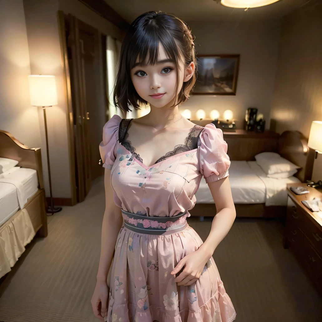 (Best Quality, masterpiece, Ultra-high resolution, 8k, RAW Photos, Realistic, Anatomically correct:1.5), 20-year-old girl:1.2, Embarrassing, Look away, blush:1.0, View Viewer, ((Hotel Rooms)) 、Large windows、Night view、 Light:1.2, Bokeh, Cinema Lighting:1.0, Depth of written boundary, sharp、 Cute face、Idol、(Black short sleeve lace top)、(Black tulle skirt)、(Pink clothes)、(Floral clothes)、”dwarf”、(Full Body Shot)、(Side angle)、Cowboy Shot、( smile)、((Ultra short hair、Very Short))、(Straight bangs)、((See-through))、(( One woman))、(look back)、