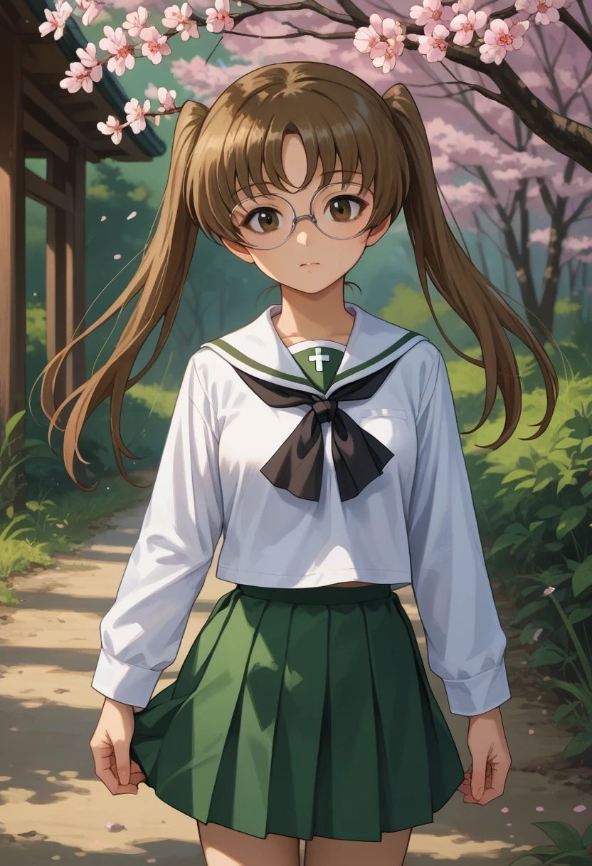 score_9, score_8_up, score_7_up, source_anime, 
outdoors,cherry blossoms,standing,cowboy
 GUPAya , 1girl, glasses, twintails, brown eyes, brown hair, long hair, ooarai school uniform,white sailor collar,black neckerchief,white shirt,long sleeves,green skirt,black socks,loafers