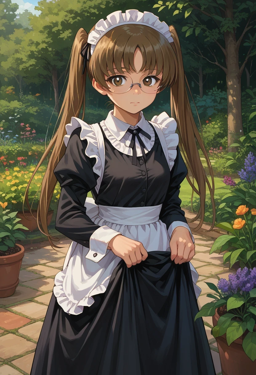 score_9, score_8_up, score_7_up, source_anime,
GUPAya , 1girl, glasses, twintails, brown eyes, brown hair, long hair, maid, maid headdress, black dress, garden, standing, skirt hold,