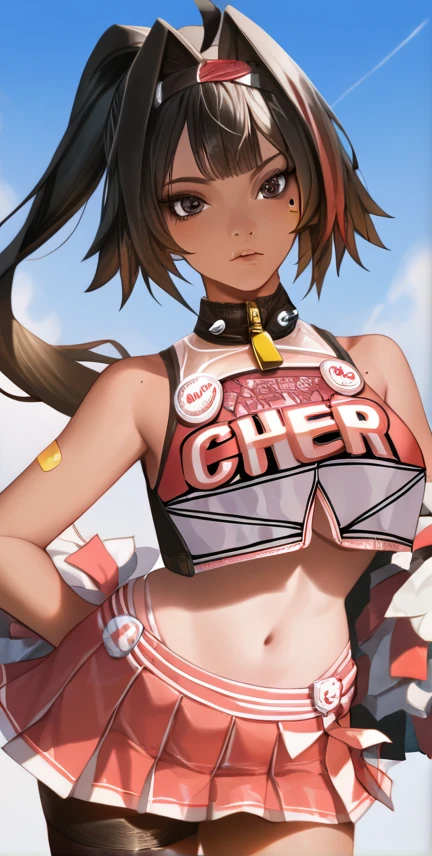 Nick is rich, dark skin, brown eyes, black hair, ahoge, streaked hair, Long hair, ponytail, hair band, hair collection, Cheerleaders, crop top, big breasts, sub-chest, diaphragm, navel, шипованный collar, collar, ADHESIVE PLASTER, pleated skirt, panties with ties, side cut, black stockings, asymmetrical hosiery, hip belt, a mole, Tan lines,standing_split, raised leg, panties are visible, detailed background