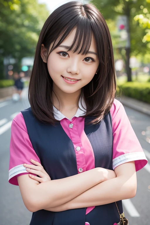 High quality masterpiece, 8k, , Japanese Girls, RAW Photos, Absurd, Winner portrait smile face, 笑face, Alone, Uniform, Summer Clothes Idol&#39;face, violet, Gardenia, Delicate girl, Long black hair, Dark Eyes, Upper body digital SLR, Observe the audience, Frank, Sophisticated, Like々Shii, Thin arms, Professional Lighting, Film Grain, chromatic aberration, (Details of the eye and face: 1.0), (Bokeh button:1.1)