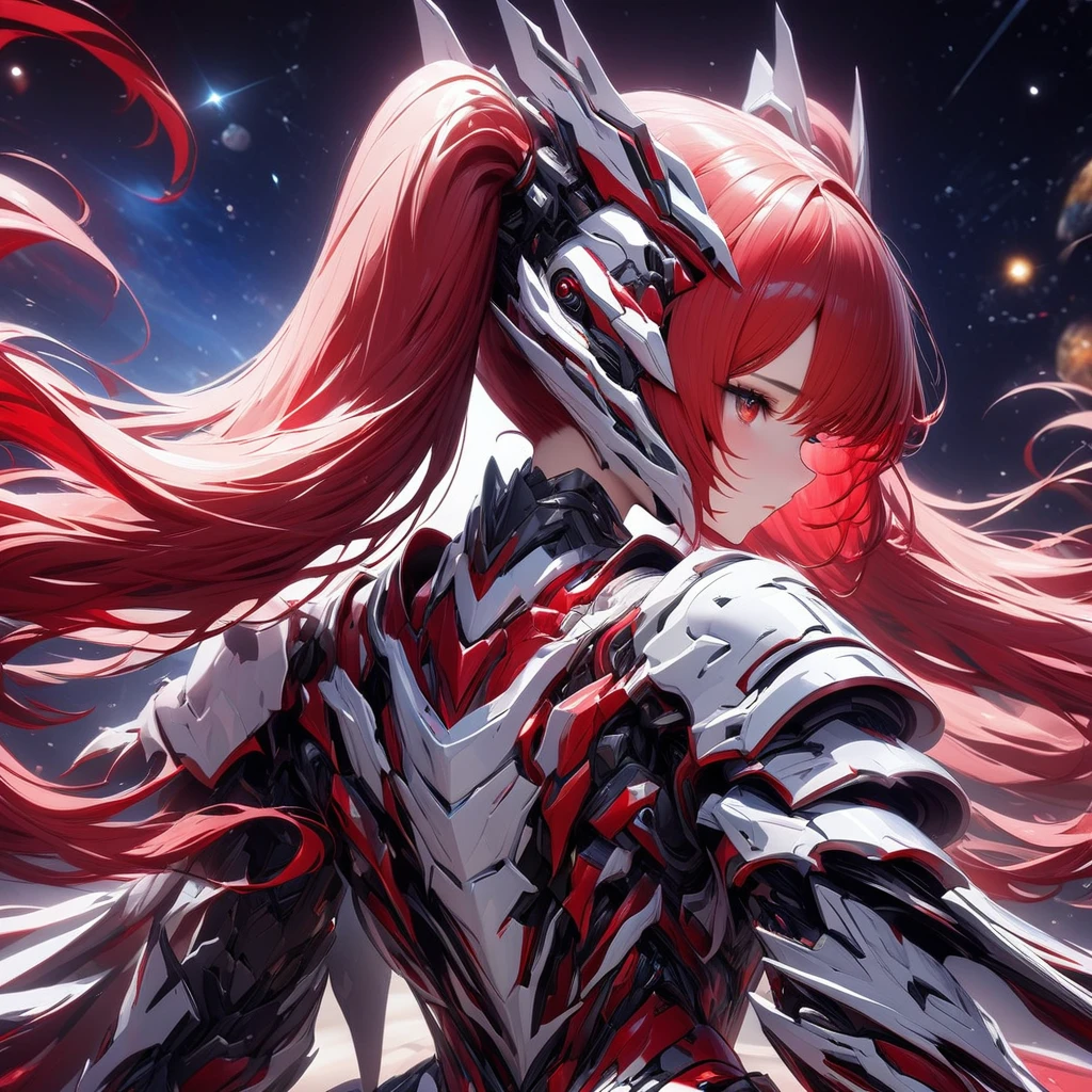 a high quality, high definition, highly detailed 1girl robot girl, with red hair in twin tails, red eyes, wearing red and white clothing holding a flashy robot armor, in a space background with a large number of red roses floating in space, galaxy, star lights, a figure flying at high speed in space, a large amount of red and white flowing effect from the back, (best quality,4k,8k,highres,masterpiece:1.2),