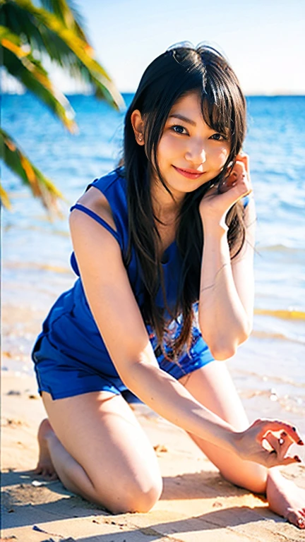 a young slim asian woman in bikini and shorts on the beach, detailed realistic portrait, beautiful detailed eyes, beautiful detailed lips, extremely detailed face, long eyelashes, wavy hair, natural lighting, bright colors, photorealistic, 8k, high quality, masterpiece, ultra-detailed, sharp focus, vivid colors, professional photography, beach, ocean, sand, swimsuit, model, idol, gravure idol, aoshima chihiro, tsugumi ohba