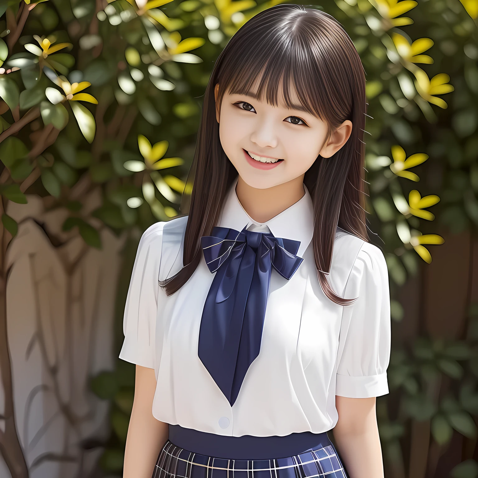 (Highest quality, masterpiece:1.2), Highest quality, High resolution, 1080P, 8k, height: 158cm, (School-uniform beautiful 13yo girl models are smiling nobly in a young girls fashion magazine's page, promoting school uniform designed by Japanese school-wear maker: 1.8), (Well-grown rich breast and nice style: 1.8), (well arranged, balanced, untied, neat glossy wavy wavy super-long hair like hair model), (Double-deep-eyelids, completely balanced, brown large large dreaming Japanese graceful popular model's cute open eyes, with detailed beautifully: 1.8), (Very-glossy lustrous lips: 1.8), (very high nose: 1.4), (Rich and long bottom-eye-slashes: 1.2), (Drives me crazy for her navy-colored neat tartan plaid blue skirts and make me fall into her navy-colored plaid-print pleats skirt: 1.4), (Fine white-face: 1.6), (Noble lolita girly feminine frilled frilled clean frilled white girly puffed-sleeves blouse: 1.6), (Navy pleated plaid skirt: 1.5), (Plain big frilled ribbon on the breast), (Girl whom everyone loves because of her beauty and neat school fashion and noble manner and magic-charm of succubus: 1.3), (full body shot), (evenly cut curled glossy rich beautiful bangs: 1.6), (bright light hitting her white-face and skirt clearly beautifully), white-shining skin, (She is zhuzhing her hair back with her both hands: 1.3), (All viewers will be captivated by her because her smile is too much cute), (Complete plain light blue background)