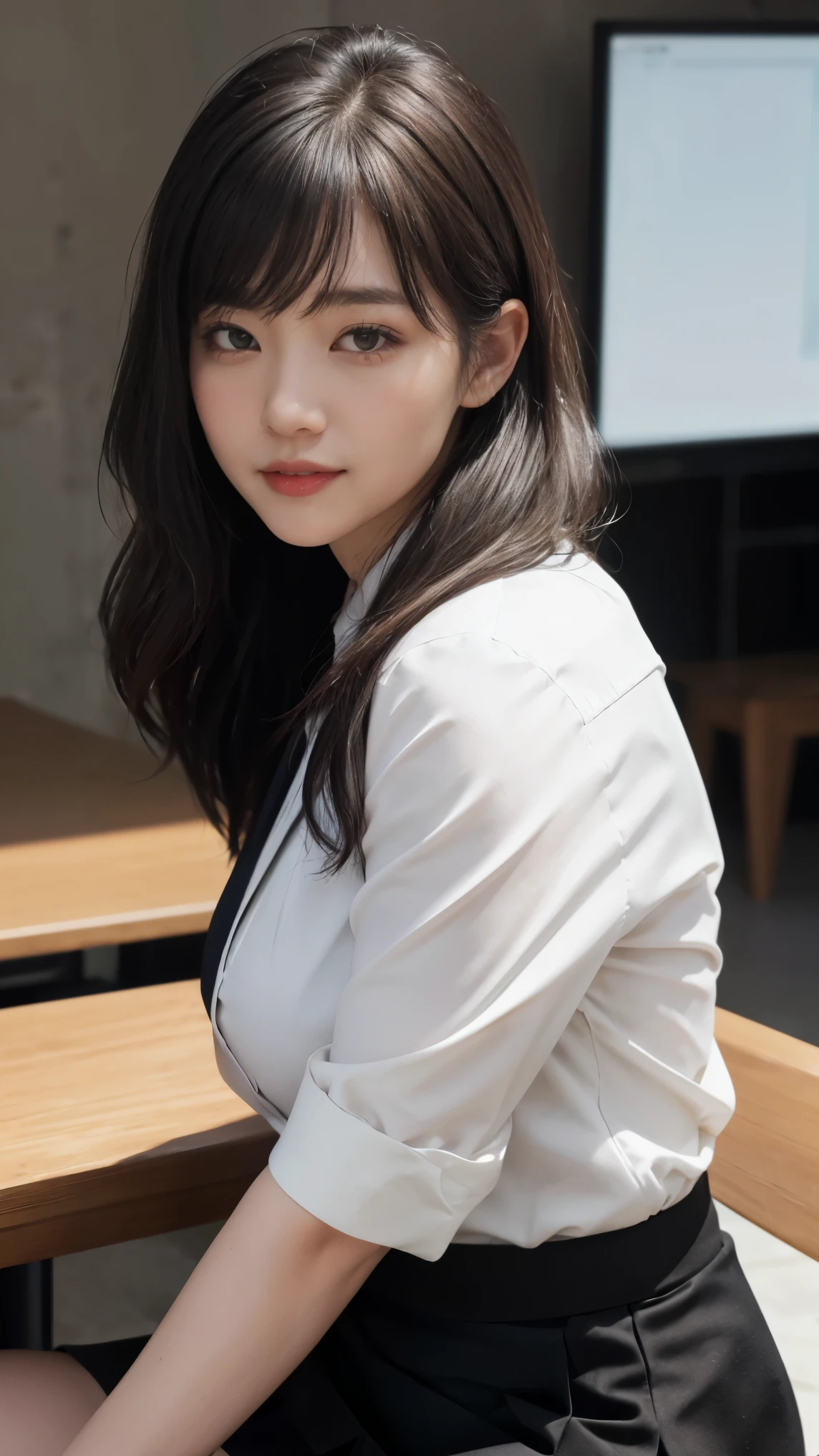 オフィスにいるWoman in a suit,((40-year-old woman))、Big Breasts、Dark brown hair color、Hairstyles with bangs、(8k, RAW Photos, Best Quality, Tabletop: 1.2),、(Realistic, Realistic: 1.3), Cityscape, day, Sunny Morning, Professional Lighting, Photon Mapping, shirt, (Woman in a suit,) Silk Suit、((Super tight pencil skirt))、(Super tight skirt)、((Delicate photo)),(の詳細なRAW Photos), (Tabletop:1.25), (Best Quality:1.6), (Ultra-high resolution:1.5), (Realistic:1.75), 8k resolution, Canon EOS R5, 50mm, Absurd, Very detailed,Cinema Lighting,(Skirt flip:1.2)、Viewer discretion advised:1.1、Windy、smile、スã‚ートã‚'ä¸ã'るよã†ã«ã—ã¾ã—ã¦ã、Simple panties
