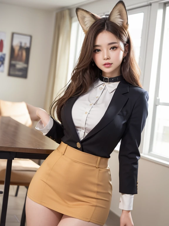 (Best Quality, High Quality,16k:1.5),young woman,20 years old ,huge breast, voluptuous ,business black Suit and collared shirt and tight black skirt,reality shot,