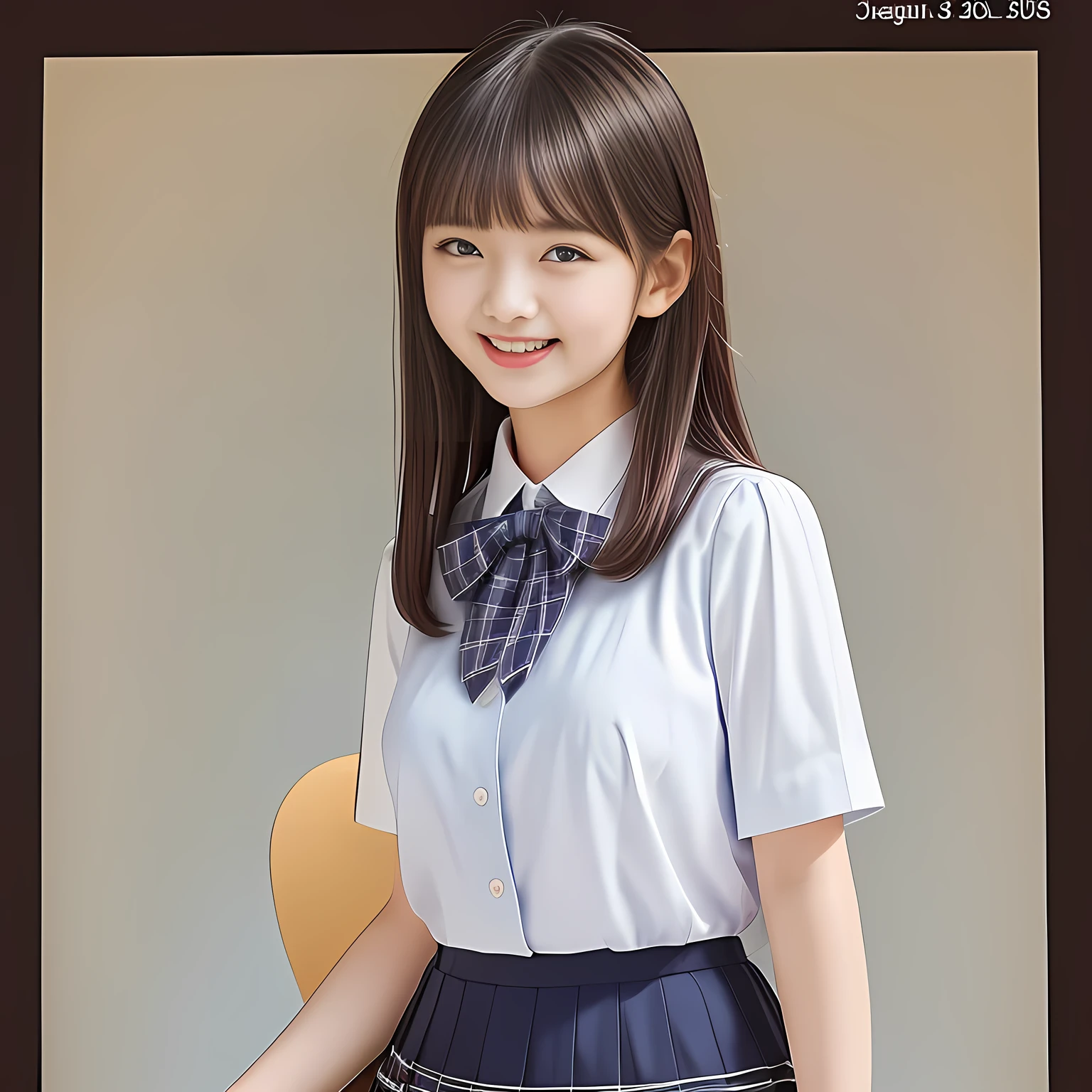 (Highest quality, masterpiece:1.2), Highest quality, High resolution, 1080P, 8k, height: 158cm, (School-uniform beautiful **** girl models are smiling nobly in a young girls fashion magazine's page, promoting school uniform designed by Japanese school-wear maker: 1.8), (Well-grown rich breast and nice style: 1.8), (well arranged, balanced, untied, neat glossy wavy wavy super-long hair like hair model), (Double-deep-eyelids, completely balanced, brown large large dreaming Japanese graceful popular model's cute open eyes, with detailed beautifully: 1.8), (Very-glossy lustrous lips: 1.8), (very high nose: 1.4), (Rich and long bottom-eye-slashes: 1.2), (Drives me crazy for her navy-colored neat tartan plaid blue skirts and make me fall into her navy-colored plaid-print pleats skirt: 1.4), (Fine white-face: 1.6), (Noble girly feminine frilled frilled clean frilled white girly puffed-sleeves blouse: 1.6), (Navy pleated plaid skirt: 1.5), (Plain big frilled ribbon on the breast), (Girl whom everyone loves because of her beauty and neat school fashion and noble manner and magic-charm of succubus: 1.3), (full body shot), (evenly cut curled glossy rich beautiful bangs: 1.6), (bright light hitting her white-face and skirt clearly beautifully), white-shining skin, (She is pushing her hair back with her both hands: 1.3), (All viewers will be captivated by her because her smile is too much cute), (Complete plain light blue background)