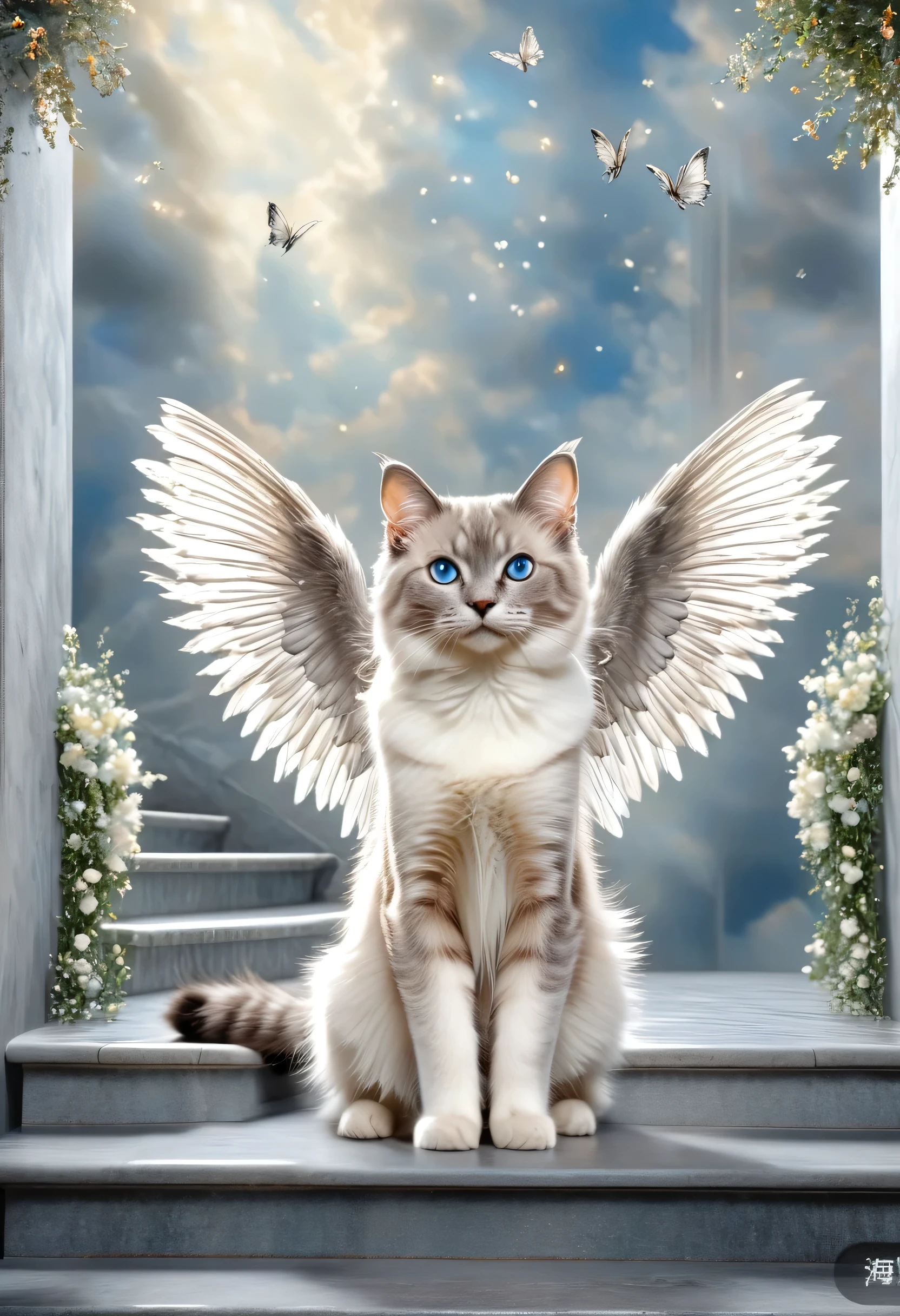 Hyperrealistisch, Foto, very detailed, Ultra HD, walking gray tabby cat (ragdoll, seal Lynx mitted) with angel wings, in the middle of the staircase to heaven, he Walk to Heaven, silver gate of heaven, Grief, departure