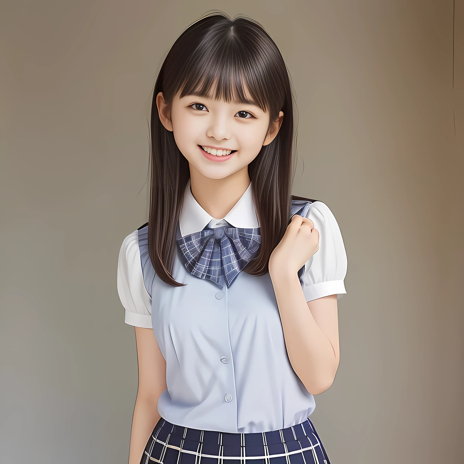 (Highest quality, masterpiece:1.2), Highest quality, High resolution, 1080P, 8k, height: 158cm, (School-uniform beautiful **** girl models are smiling nobly in a young girls fashion magazine's page, promoting school uniform designed by Japanese school-wear maker: 1.8), (Well-grown rich breast and nice style: 1.8), (well arranged, balanced, untied, neat glossy wavy wavy super-long hair like hair model), (Double-deep-eyelids, completely balanced, brown large large dreaming Japanese graceful popular model's cute open eyes, with detailed beautifully: 1.8), (Very-glossy lustrous lips: 1.8), (very high nose: 1.4), (Rich and long bottom-eye-slashes: 1.2), (Drives me crazy for her navy-colored neat tartan plaid blue skirts and make me fall into her navy-colored plaid-print pleats skirt: 1.4), (Fine white-face: 1.6), (Noble girly feminine frilled frilled clean frilled white girly puffed-sleeves blouse: 1.6), (Navy pleated plaid skirt: 1.5), (Plain big frilled ribbon on the breast), (Girl whom everyone loves because of her beauty and neat school fashion and noble manner and magic-charm of succubus: 1.3), (full body shot), (evenly cut curled glossy rich beautiful bangs: 1.6), (bright light hitting her white-face and skirt clearly beautifully), white-shining skin, (She is pushing her hair back with her both hands: 1.3), (All viewers will be captivated by her because her smile is too much cute), (Complete plain light blue background)