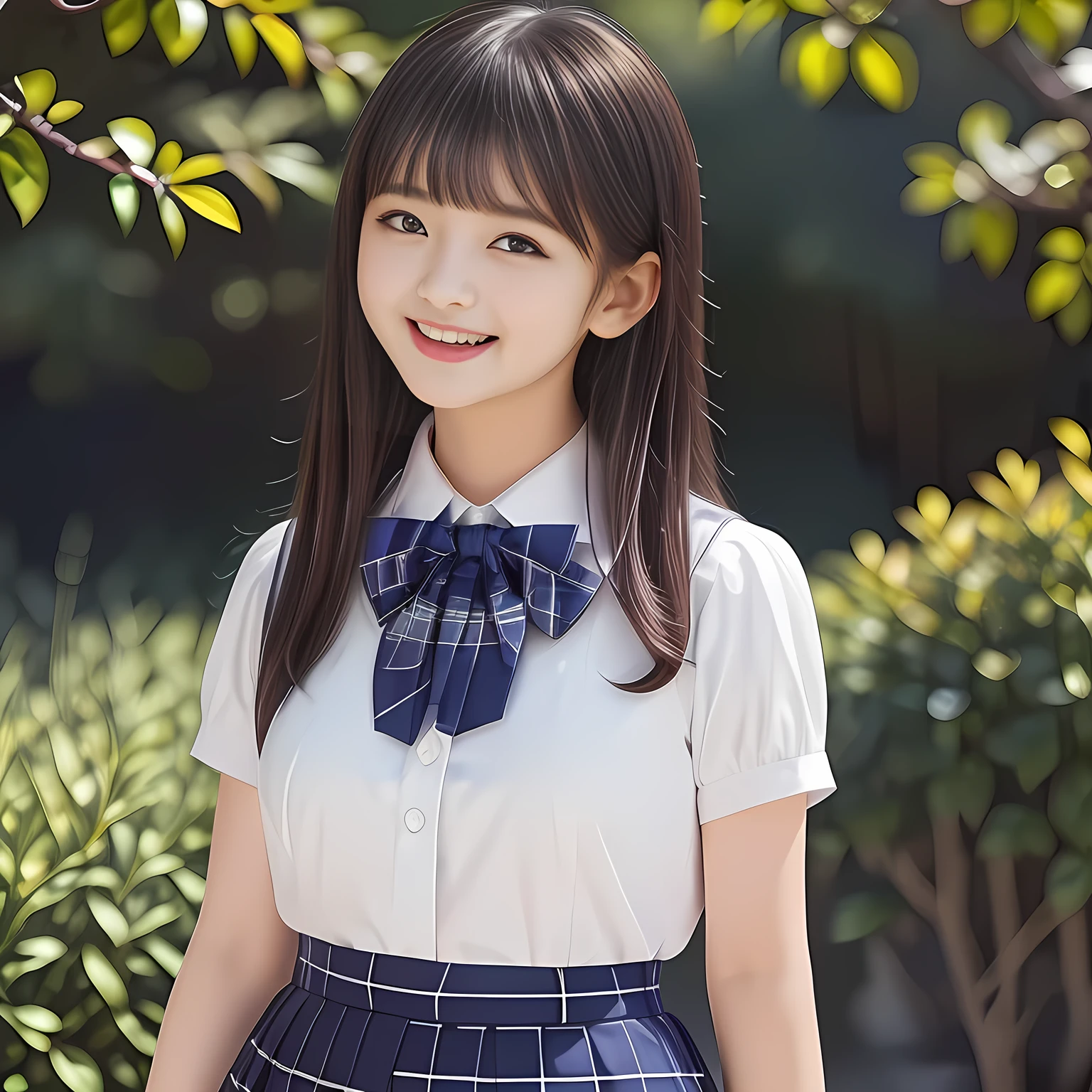 (Highest quality, masterpiece:1.2), Highest quality, High resolution, 1080P, 8k, height: 158cm, (School-uniform beautiful girl models are smiling nobly in a young girls fashion magazine's page, promoting school uniform designed by Japanese school-wear maker: 1.8), (Well-grown rich breast and nice style: 1.8), (well arranged, balanced, untied, neat glossy wavy wavy super-long hair like hair model), (Double-deep-eyelids, completely balanced, brown large large dreaming Japanese graceful popular model's cute open eyes, with detailed beautifully: 1.8), (Very-glossy lustrous lips: 1.8), (very high nose: 1.4), (Rich and long bottom-eye-slashes: 1.2), (Drives me crazy for her navy-colored neat tartan plaid blue skirts and make me fall into her navy-colored plaid-print pleats skirt: 1.4), (Fine white-face: 1.6), (Noble girly feminine frilled frilled clean frilled white girly puffed-sleeves blouse: 1.6), (Navy pleated plaid skirt: 1.5), (Plain big frilled ribbon on the breast), (Girl whom everyone loves because of her beauty and neat school fashion and noble manner and magic-charm of succubus: 1.3), (full body shot), (evenly cut curled glossy rich beautiful bangs: 1.6), (bright light hitting her white-face and skirt clearly beautifully), white-shining skin, (She is pushing her hair back with her both hands: 1.3), (All viewers will be captivated by her because her smile is too much cute), (Complete plain light blue background)